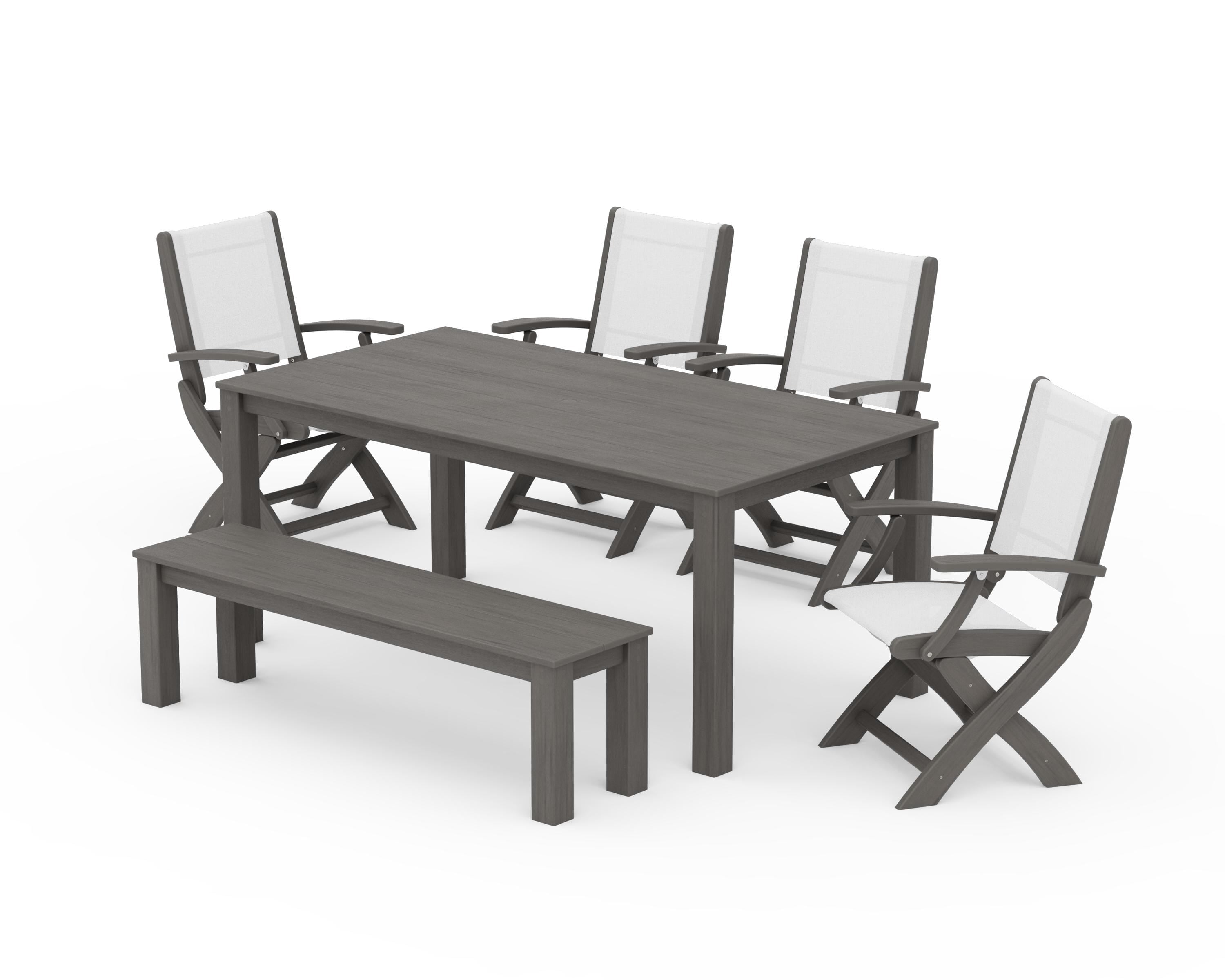 POLYWOOD Coastal Folding Chair 6-Piece Parsons Dining Set with Bench in Driftwood / White Sling
