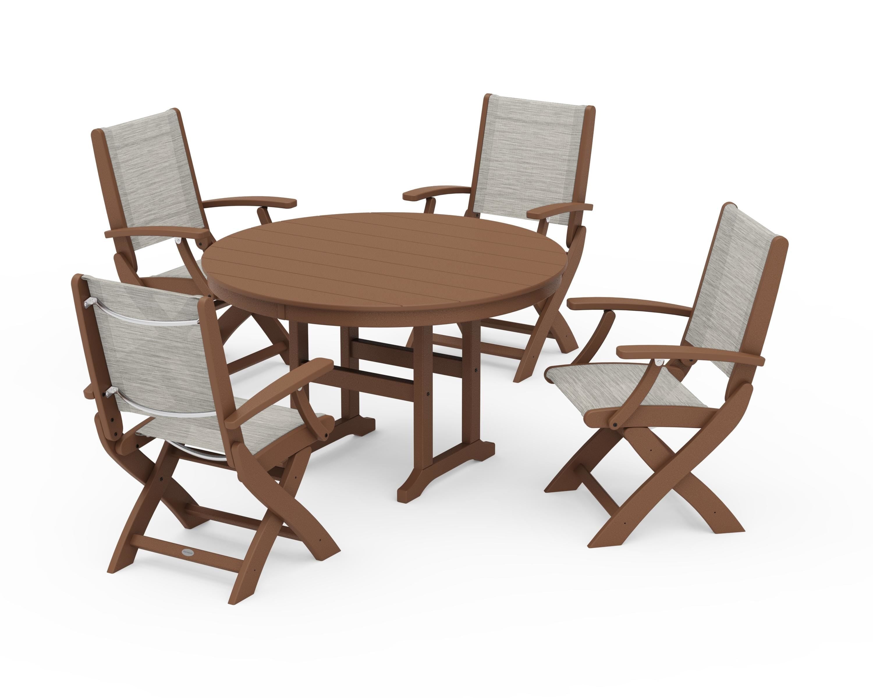 POLYWOOD Coastal Folding Chair 5-Piece Round Dining Set in Teak / Birch Sling