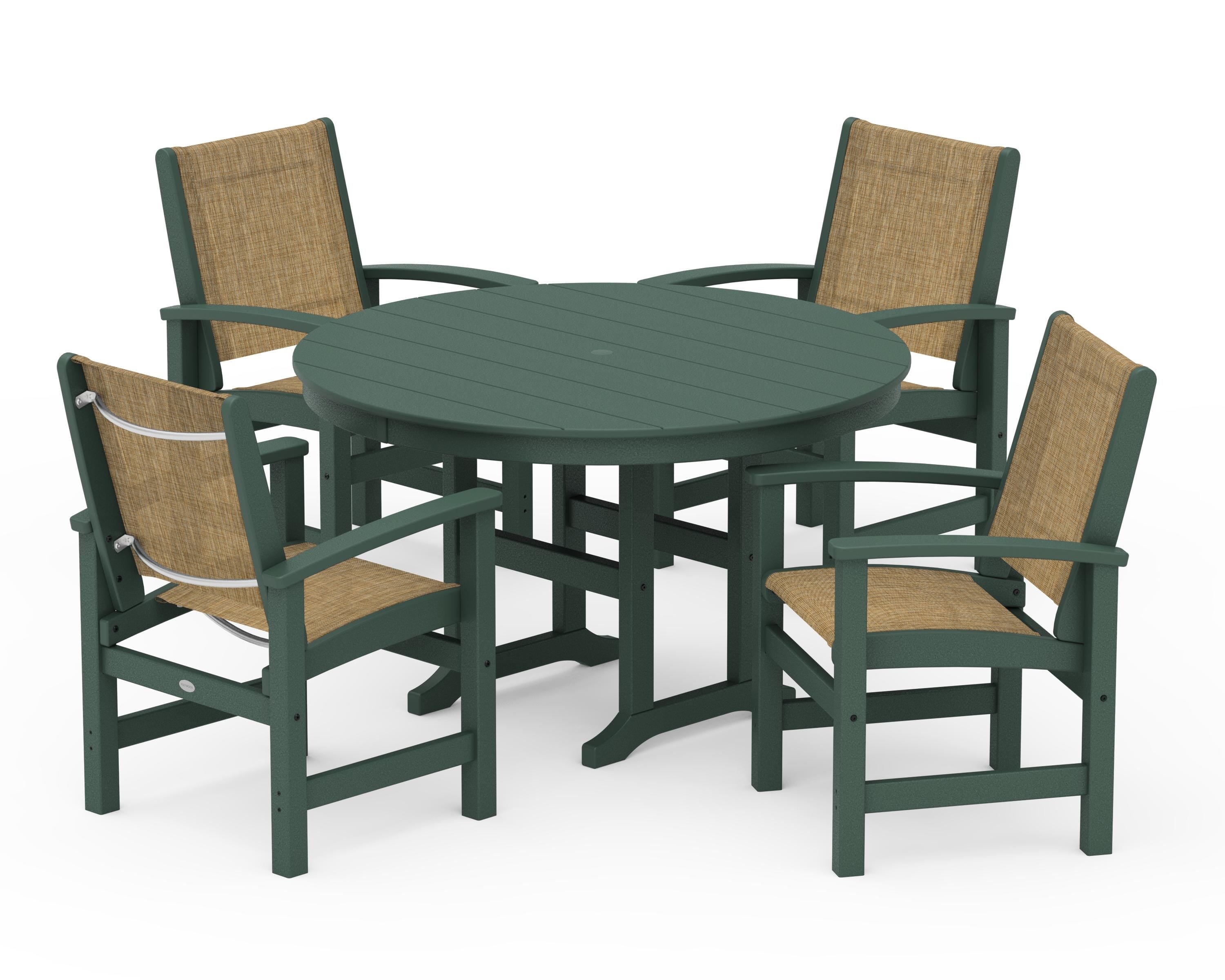 POLYWOOD Coastal 5-Piece Round Farmhouse Dining Set in Green / Burlap Sling