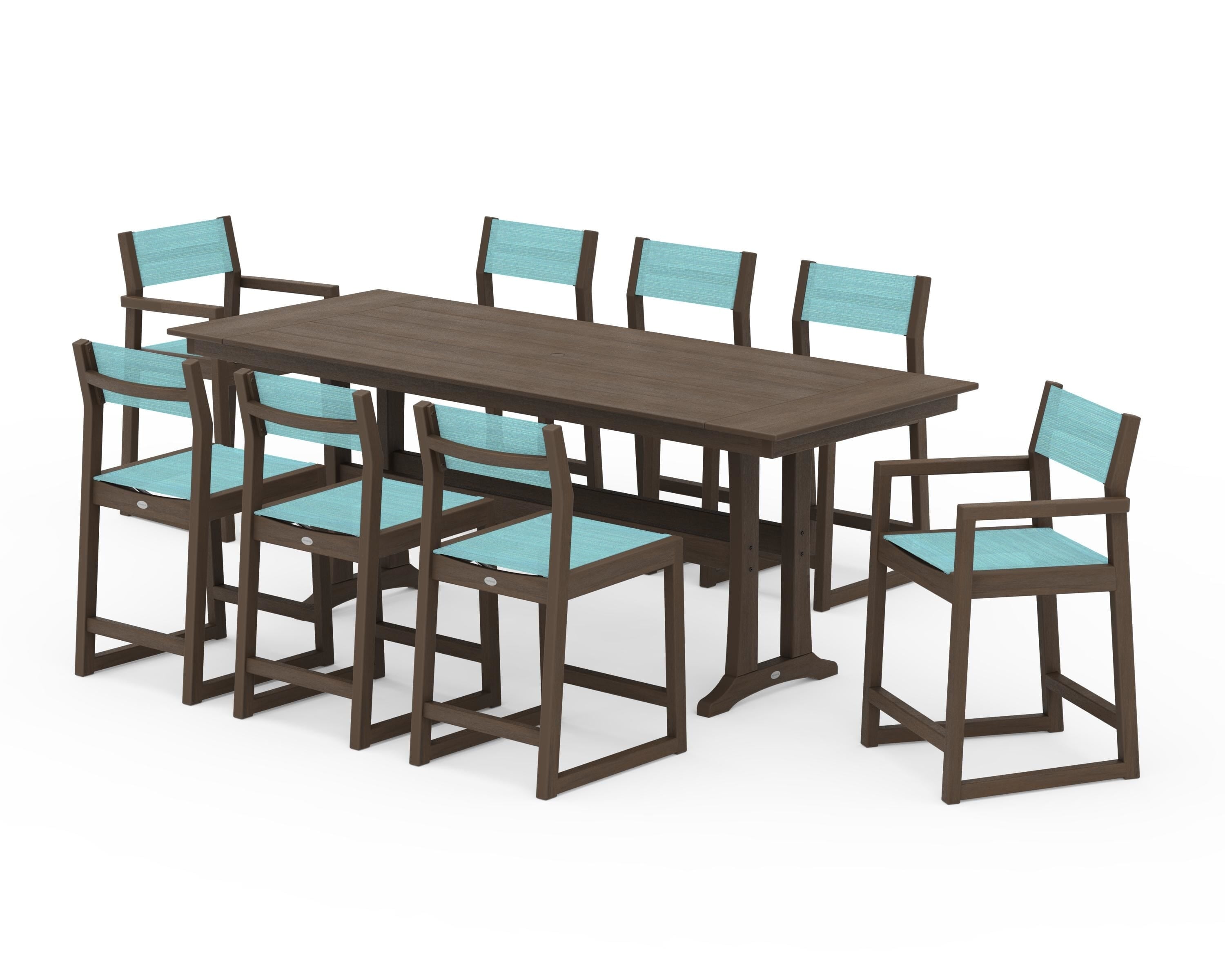 POLYWOOD EDGE Sling 9-Piece Farmhouse Counter Set with Trestle Legs in Kona / Dupioni Aquamarine Sling
