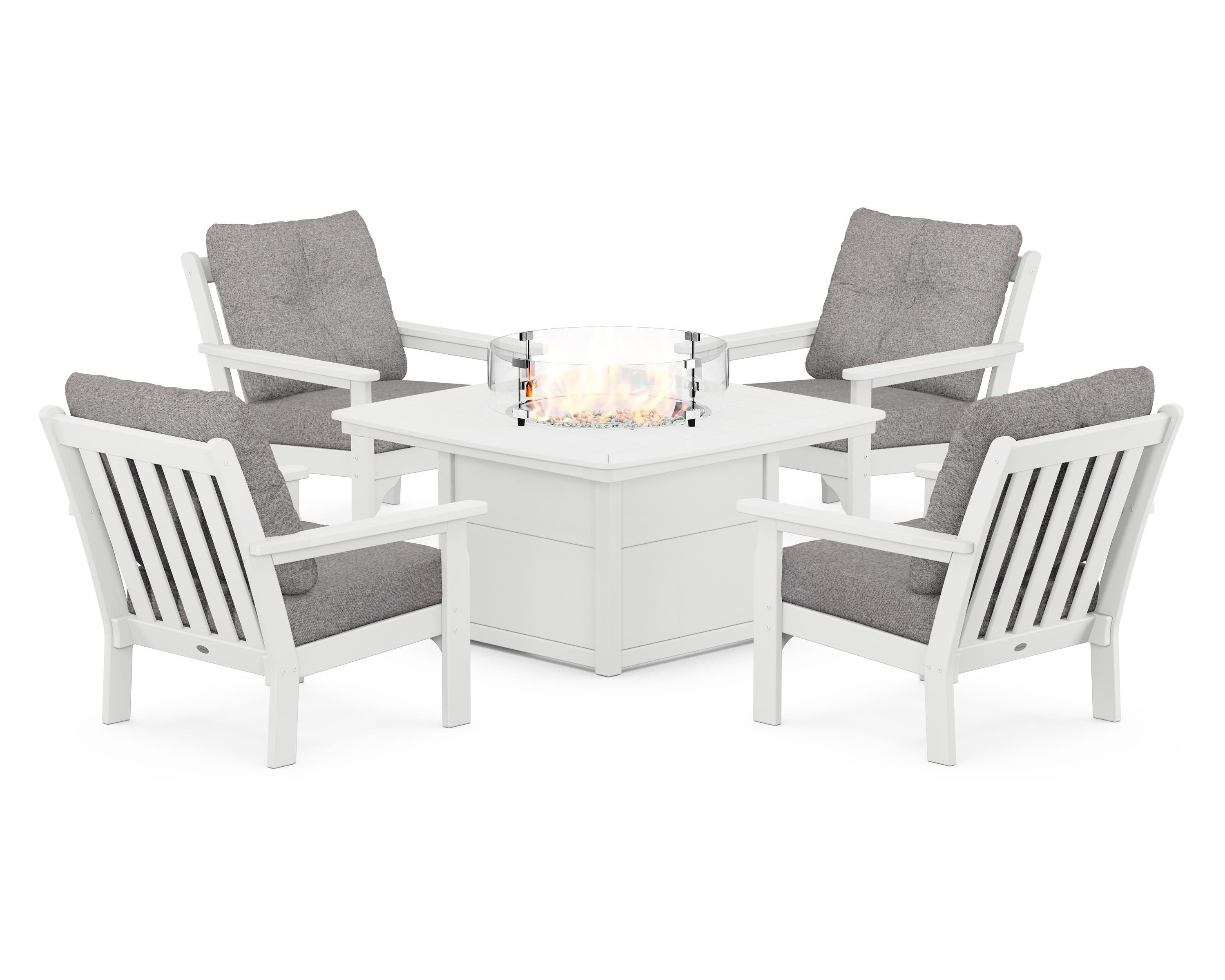 POLYWOOD Vineyard 5-Piece Conversation Set with Fire Pit Table in White / Grey Mist