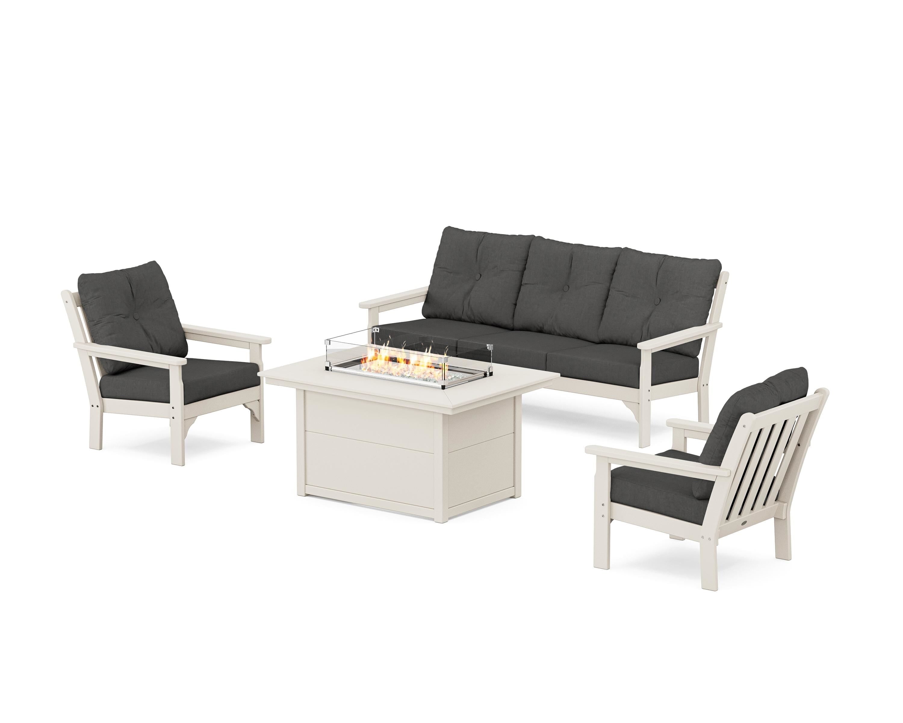 POLYWOOD Vineyard Deep Seating Fire Pit Table Set in Sand / Spectrum Carbon
