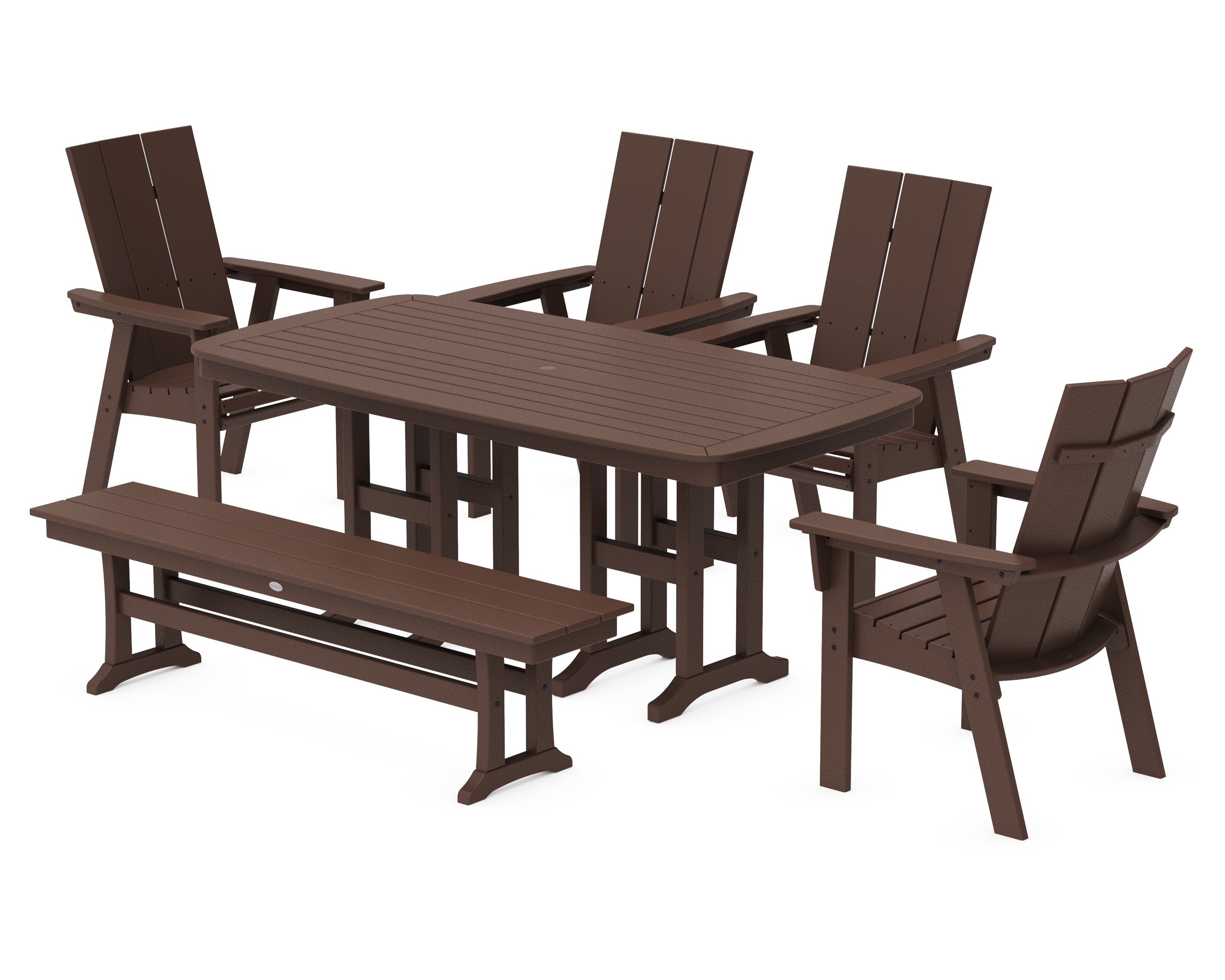 POLYWOOD Modern Curveback Adirondack 6-Piece Dining Set with Bench in Mahogany