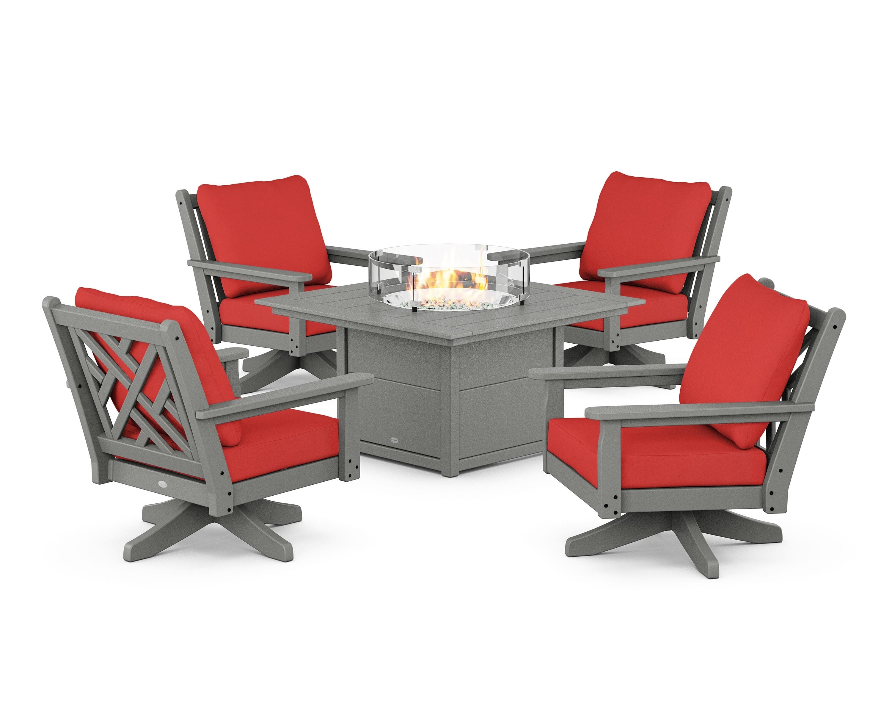 POLYWOOD Chippendale 5-Piece Deep Seating Swivel Conversation Set with Fire Pit Table in Slate Grey / Crimson Linen