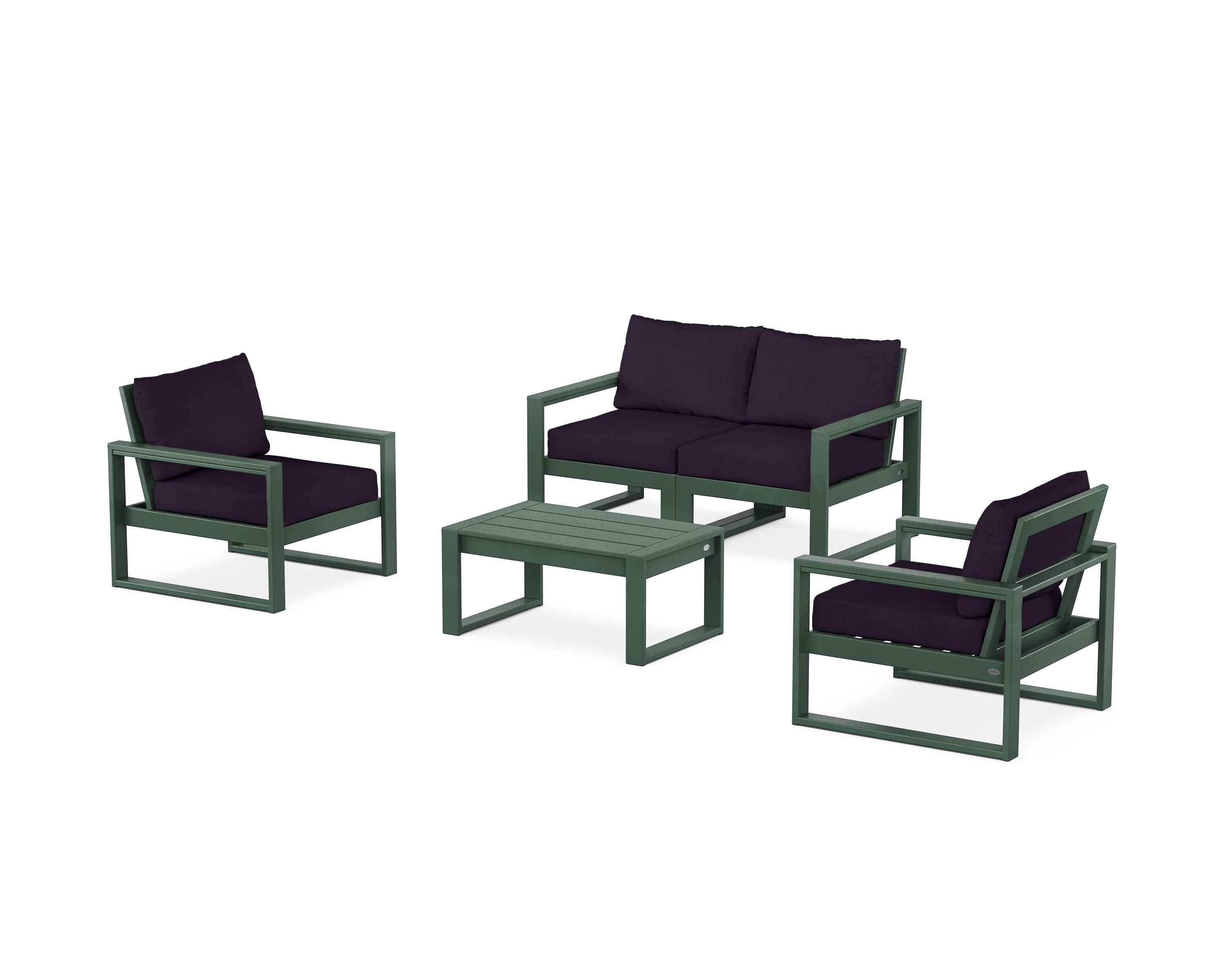POLYWOOD EDGE Sectional 4-Piece Deep Seating Set with Loveseat in Green / Navy Linen