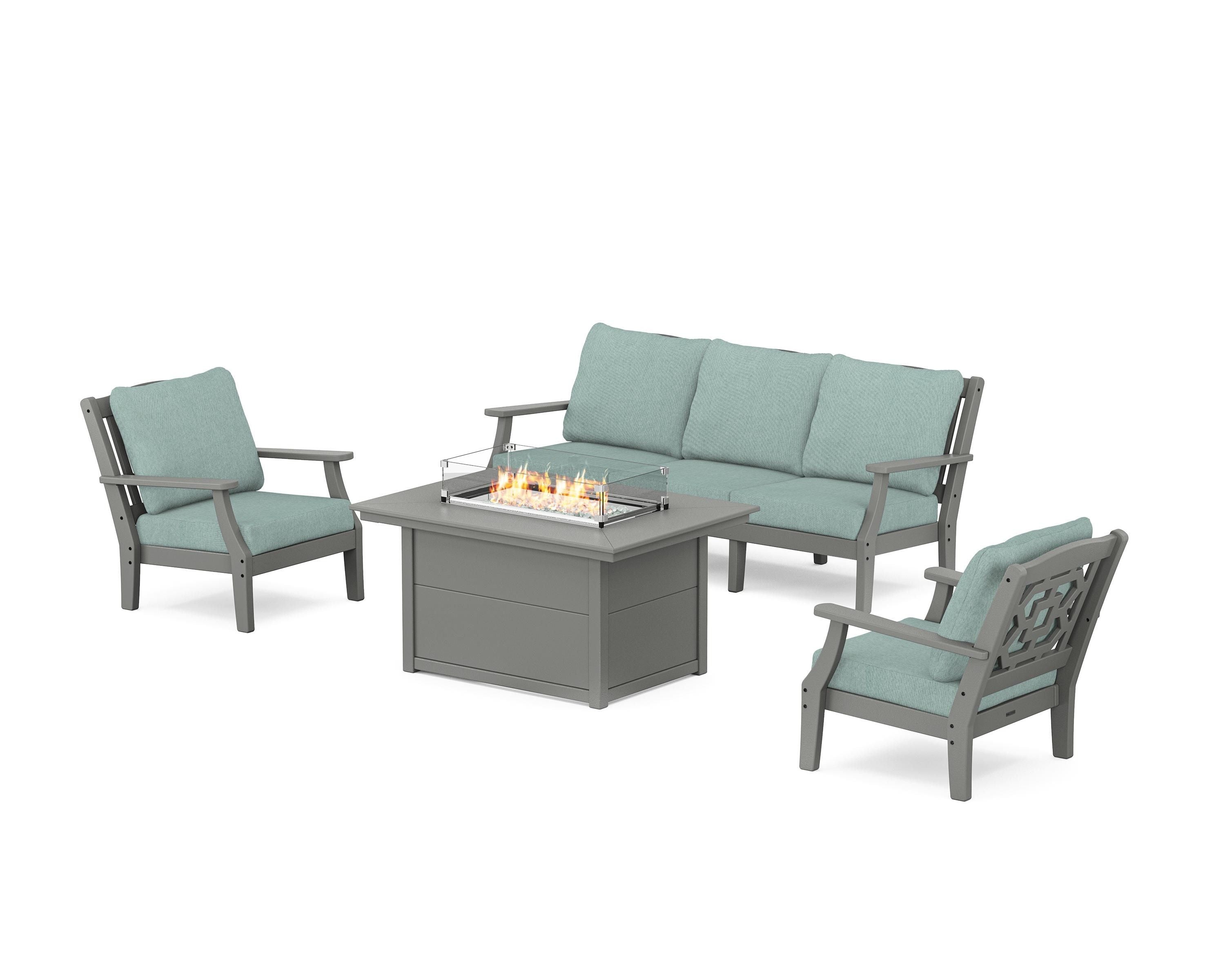 Martha Stewart by POLYWOOD Chinoiserie Deep Seating Fire Pit Table Set in Slate Grey / Glacier Spa