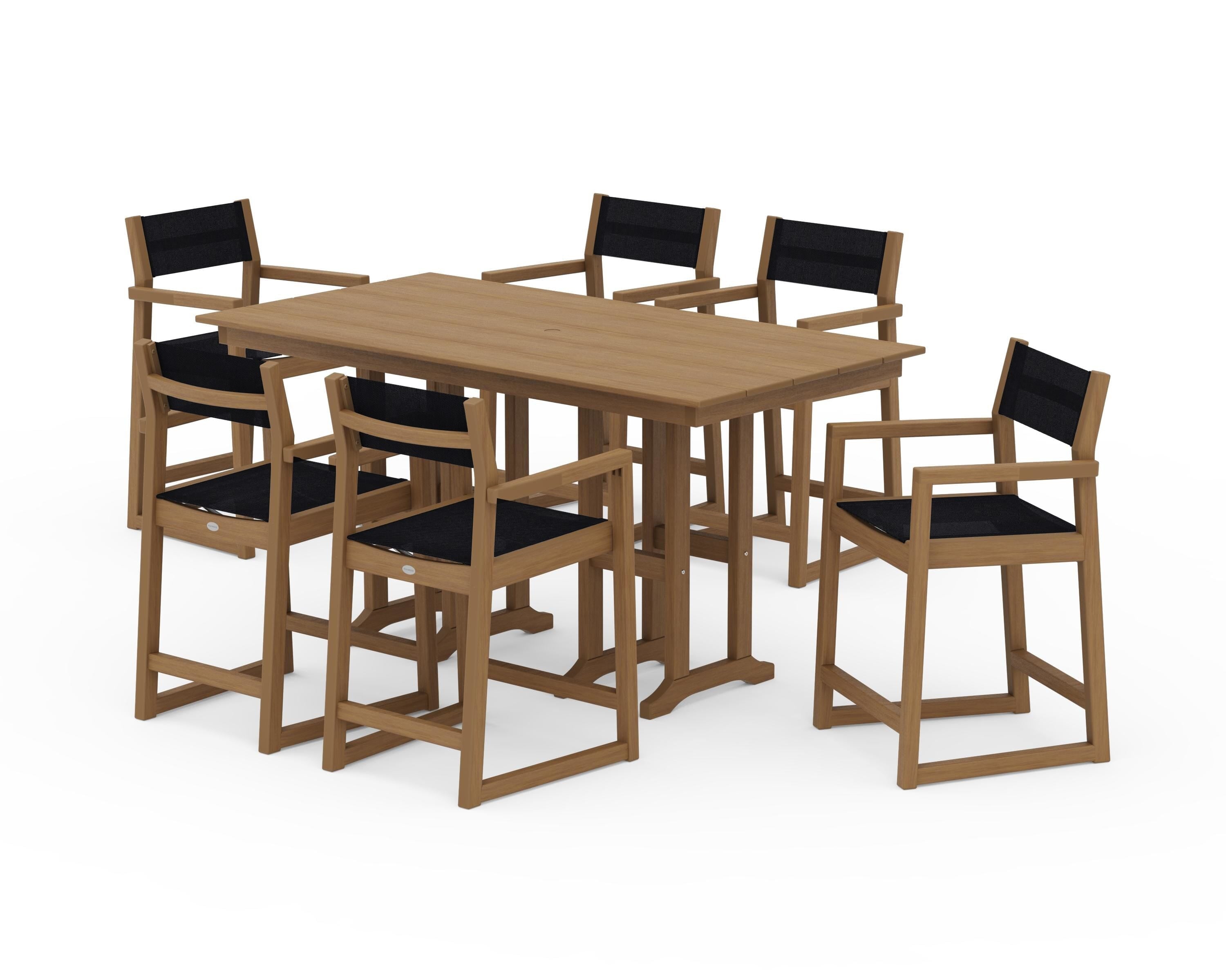 POLYWOOD EDGE Sling Arm Chair 7-Piece Farmhouse Counter Set in Natural / Black Sling