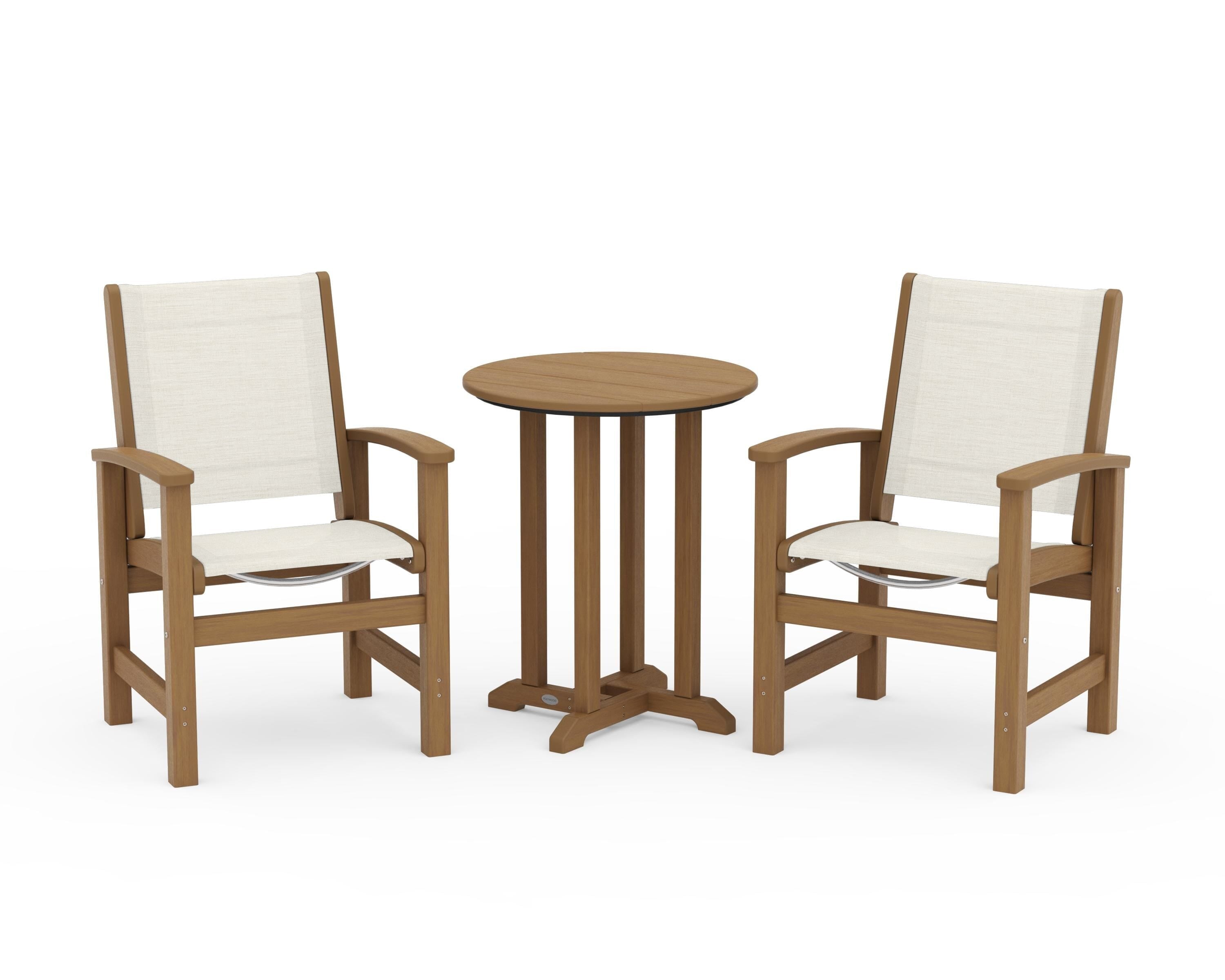 POLYWOOD Coastal 3-Piece Round Bistro Dining Set in Natural / Parchment Sling