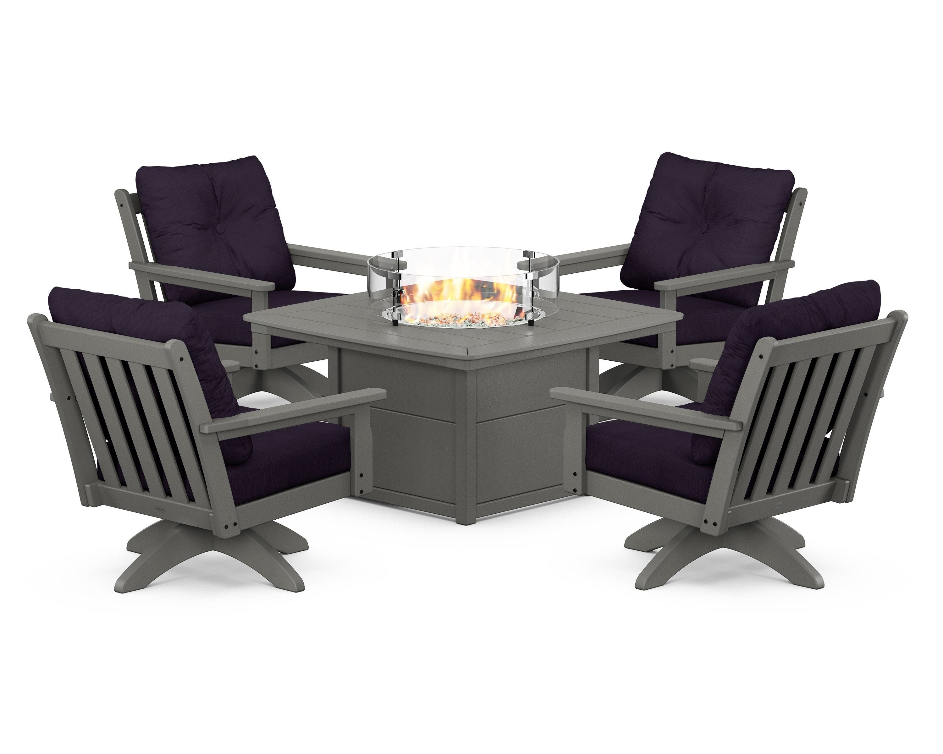 POLYWOOD Vineyard 5-Piece Deep Seating Swivel Conversation Set with Fire Pit Table in Slate Grey / Navy Linen