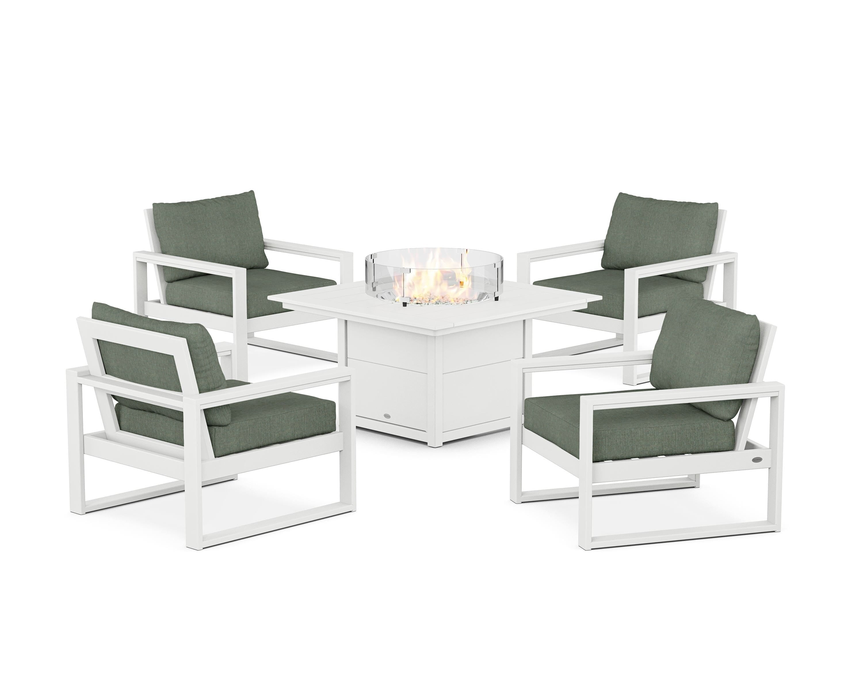 POLYWOOD EDGE Sectional 5-Piece Deep Seating Set with Fire Pit Table in White / Cast Sage