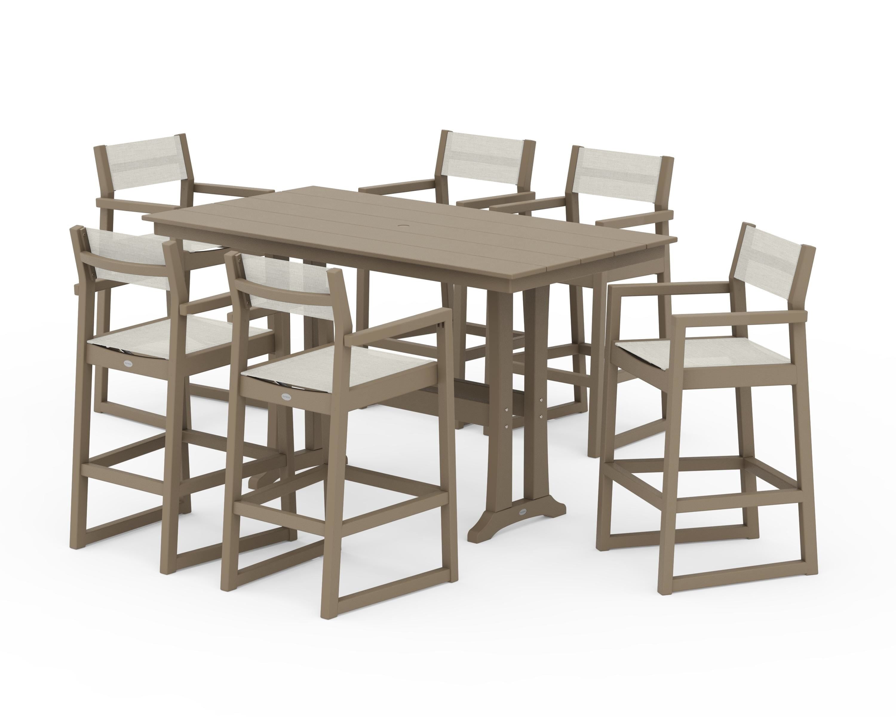 POLYWOOD EDGE Sling Arm Chair 7-Piece Farmhouse Bar Set with Trestle Legs in Vintage Sahara / Parchment Sling