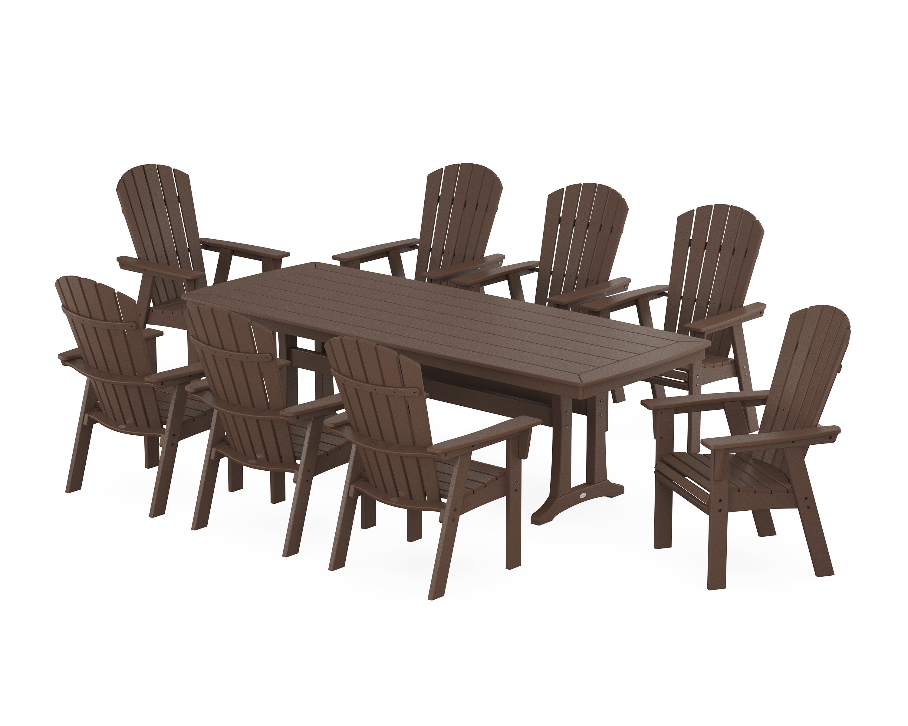 POLYWOOD® Nautical Curveback Adirondack 9-Piece Dining Set with Trestle Legs in Mahogany