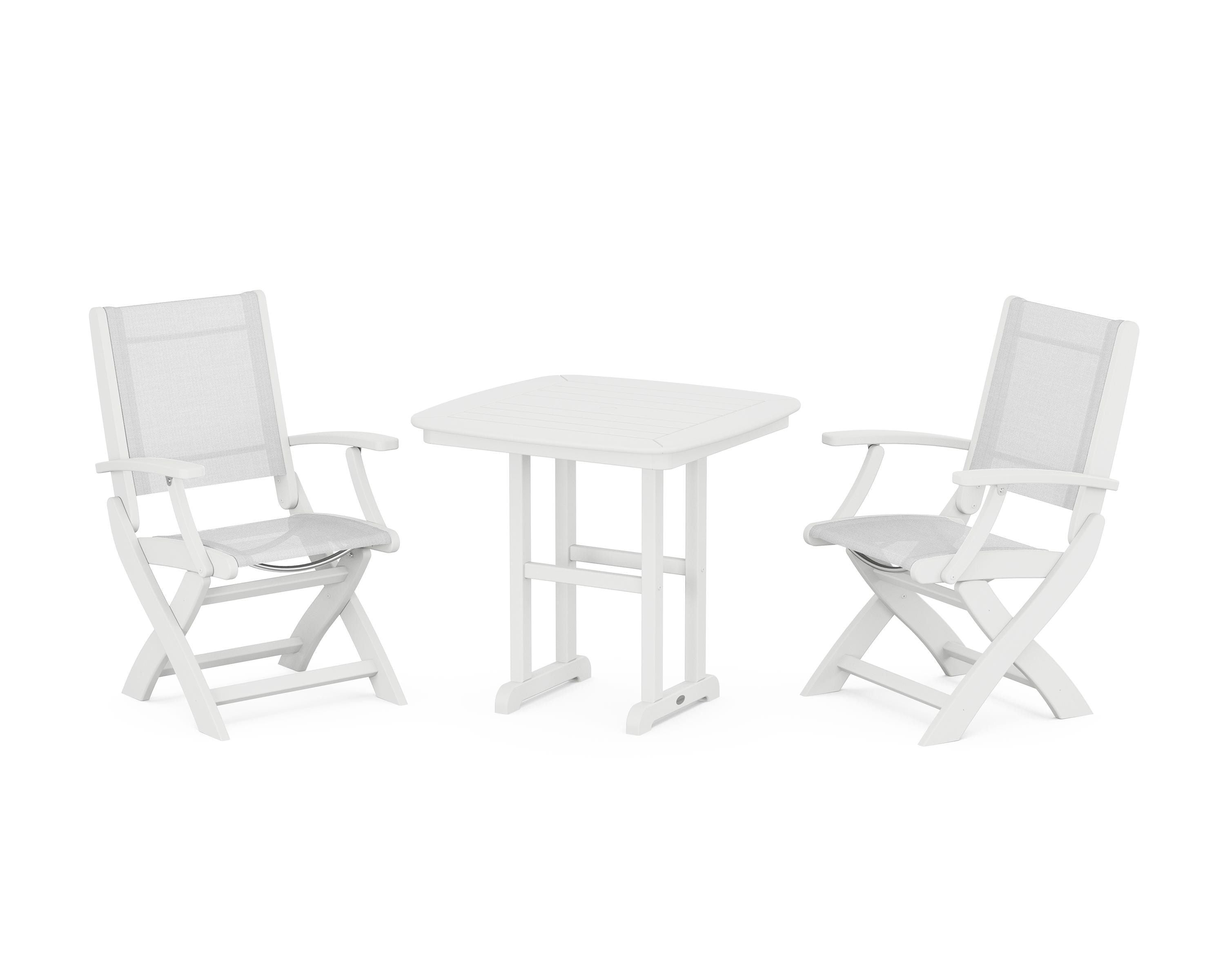 POLYWOOD Coastal Folding Chair 3-Piece Dining Set in White / White Sling