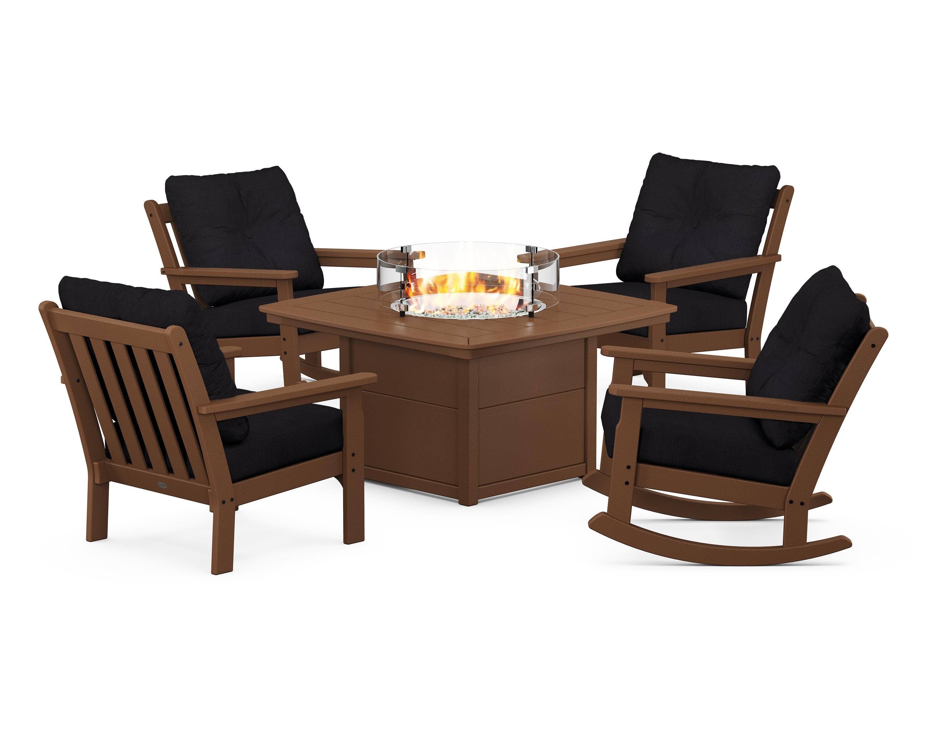 POLYWOOD Vineyard 5-Piece Deep Seating Rocking Chair Conversation Set with Fire Pit Table in Teak / Midnight Linen