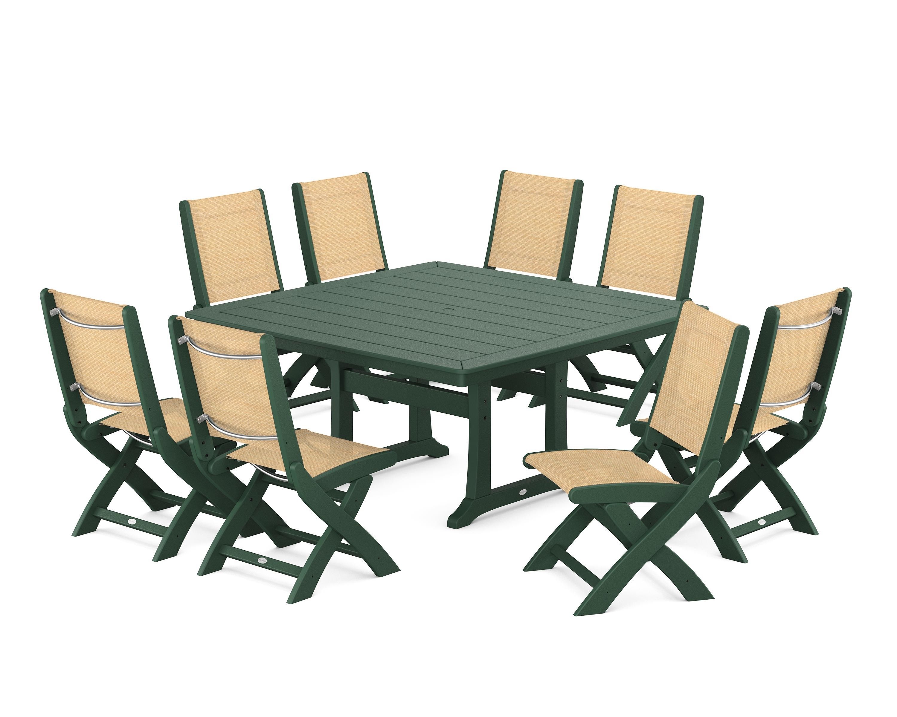 POLYWOOD Coastal Folding Side Chair 9-Piece Dining Set with Trestle Legs in Green / Dupioni Apricot Sling
