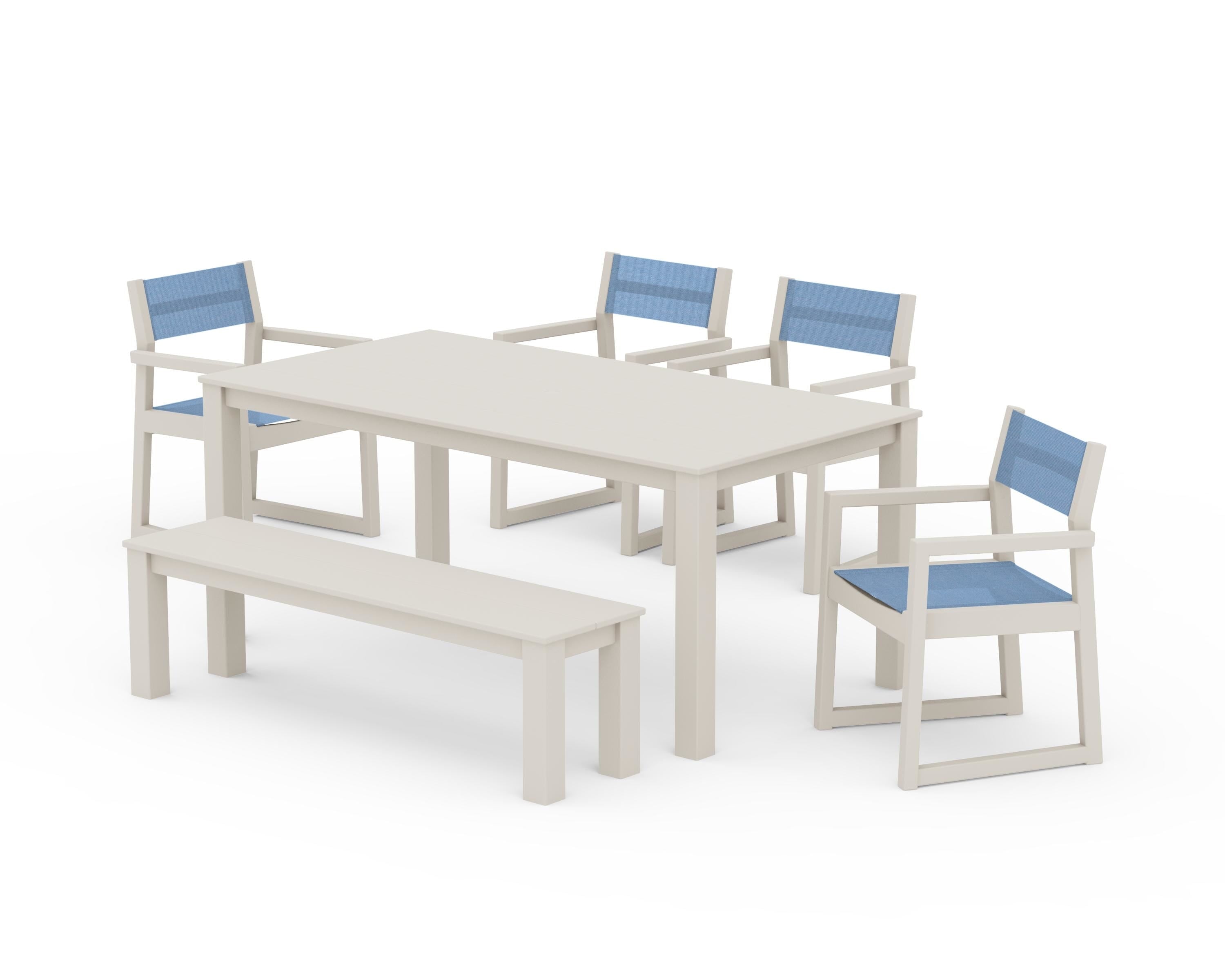 POLYWOOD EDGE Sling Arm Chair 6-Piece Parsons Dining Set with Bench in Sand / Poolside Sling