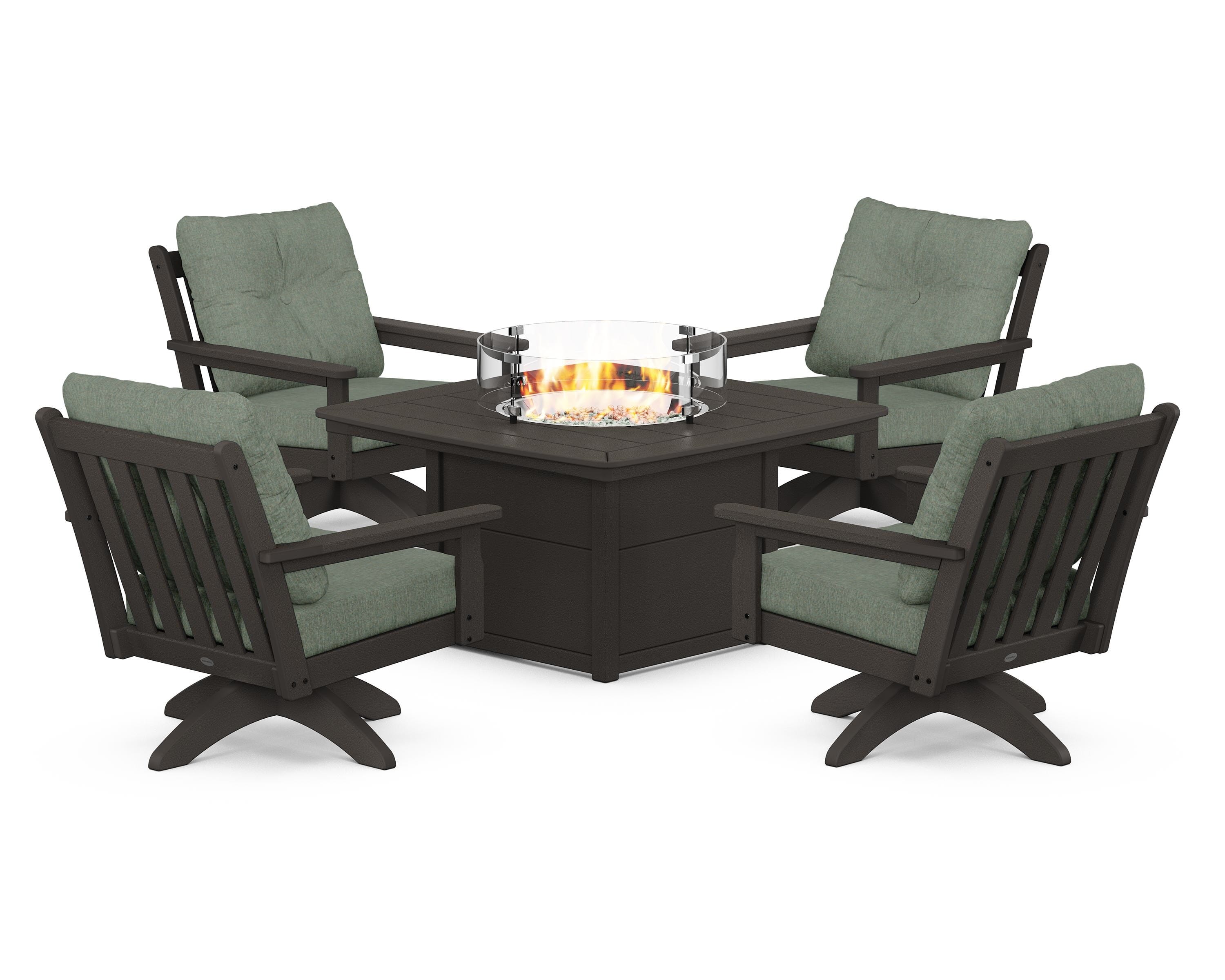 POLYWOOD Vineyard 5-Piece Deep Seating Swivel Conversation Set with Fire Pit Table in Vintage Coffee / Cast Sage