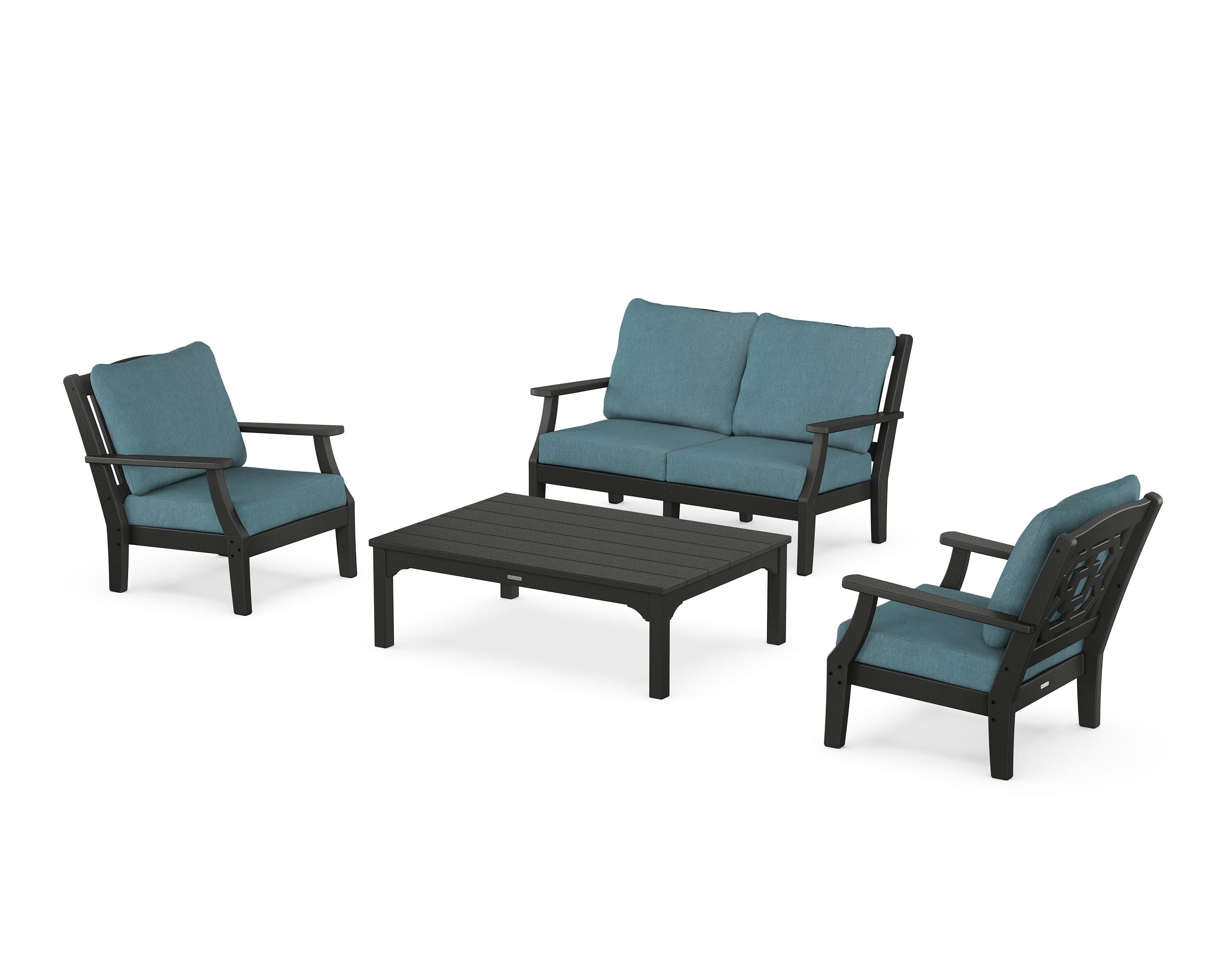 Martha Stewart by POLYWOOD Chinoiserie 4-Piece Deep Seating Set with Loveseat in Black / Ocean Teal