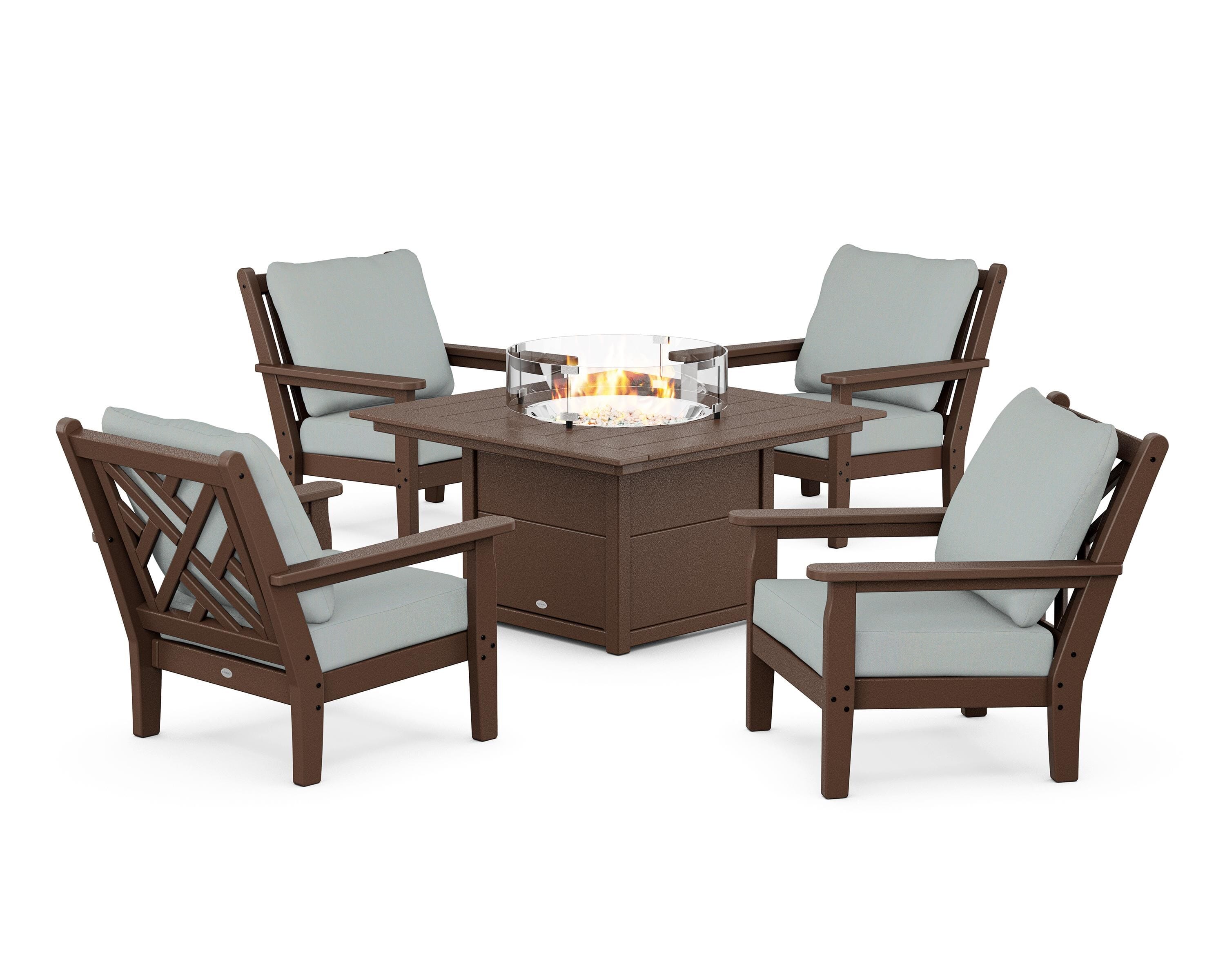 POLYWOOD Chippendale 5-Piece Deep Seating Set with Fire Pit Table in Mahogany / Spa
