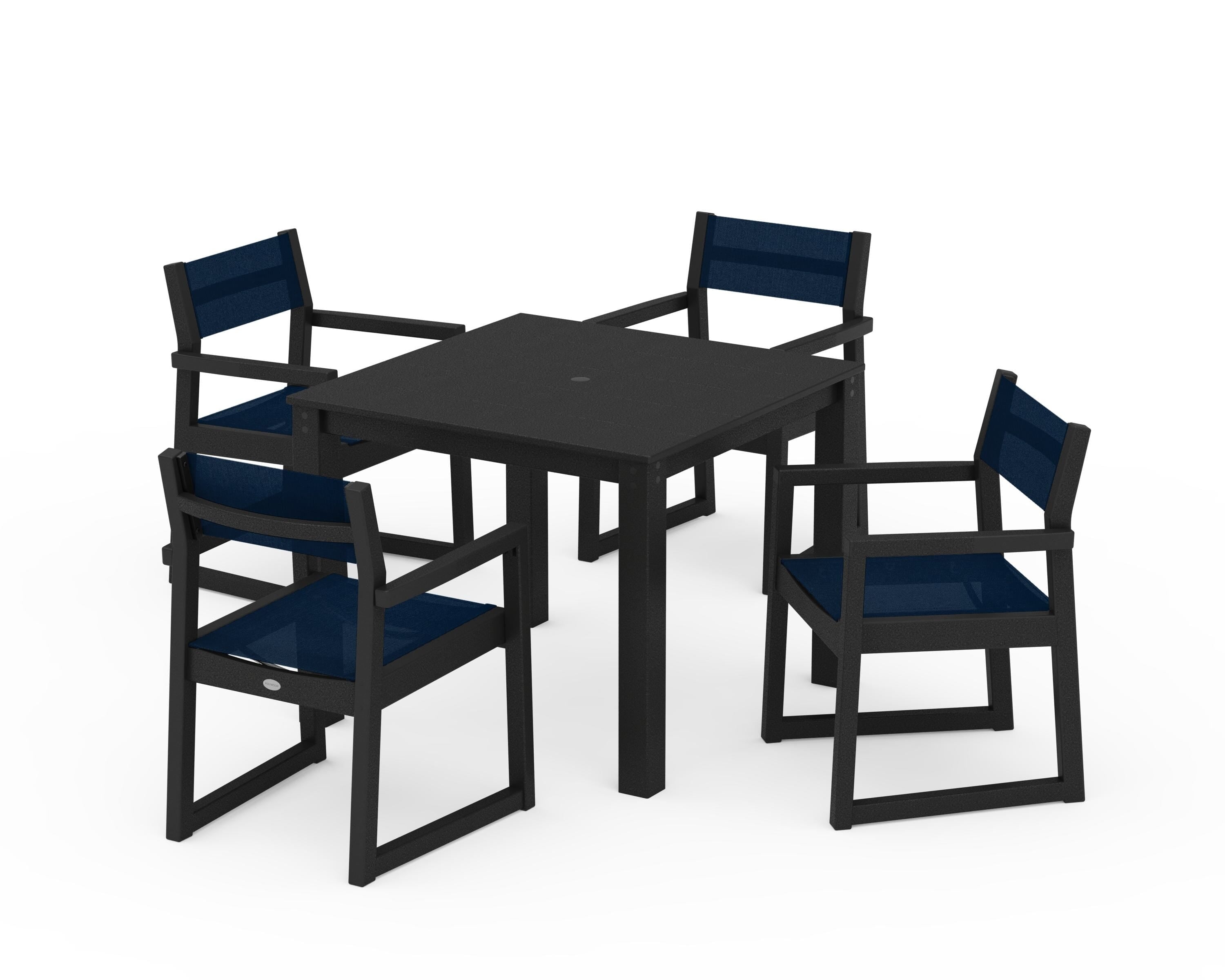 POLYWOOD EDGE Sling Arm Chair 5-Piece Parsons Dining Set in Black / Navy Blue Sling
