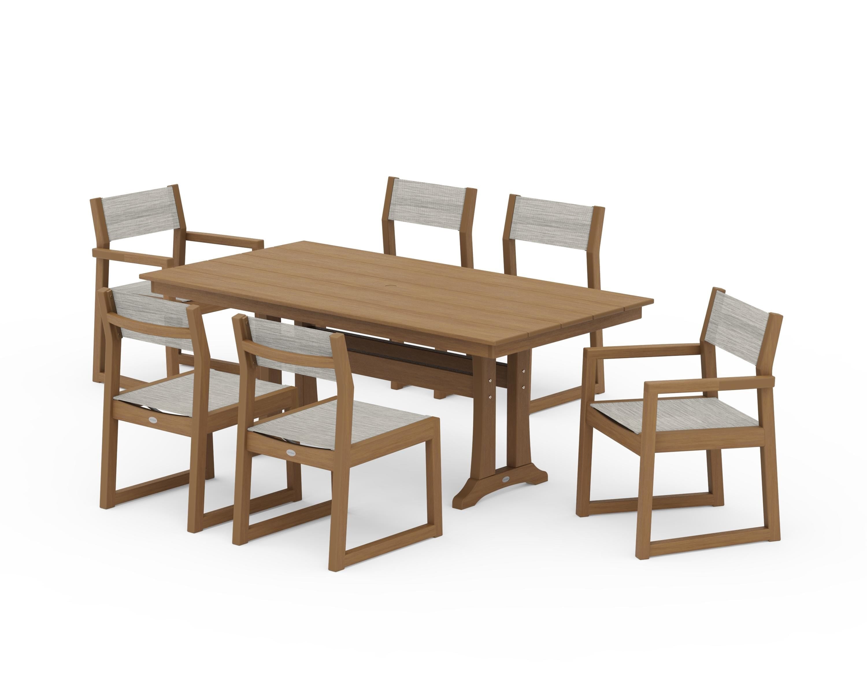POLYWOOD EDGE Sling 7-Piece Farmhouse Trestle Dining Set in Natural / Birch Sling