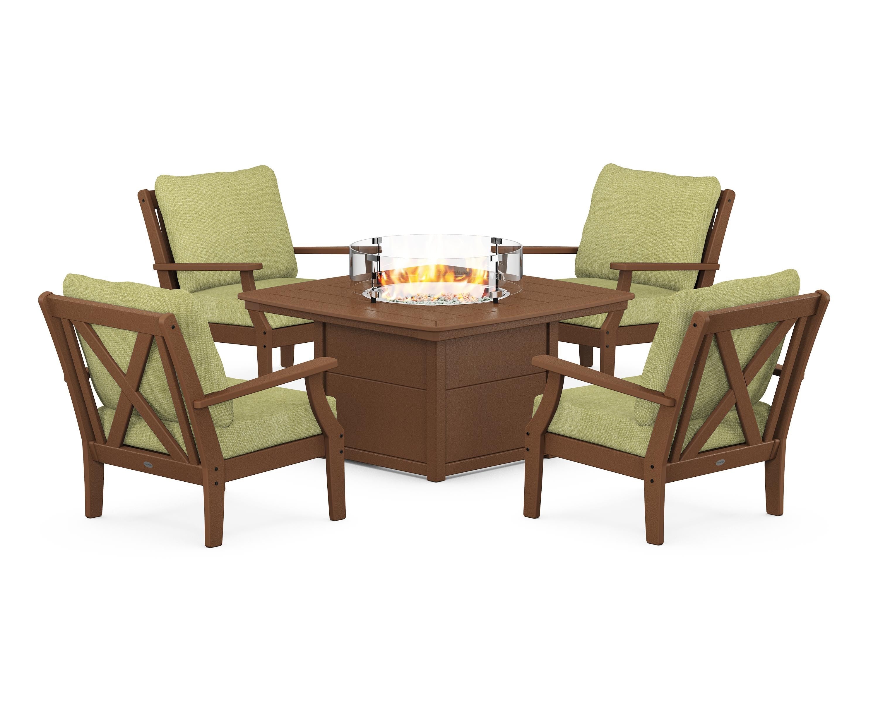 POLYWOOD Braxton 5-Piece Deep Seating Conversation Set with Fire Pit Table in Teak / Chartreuse Boucle