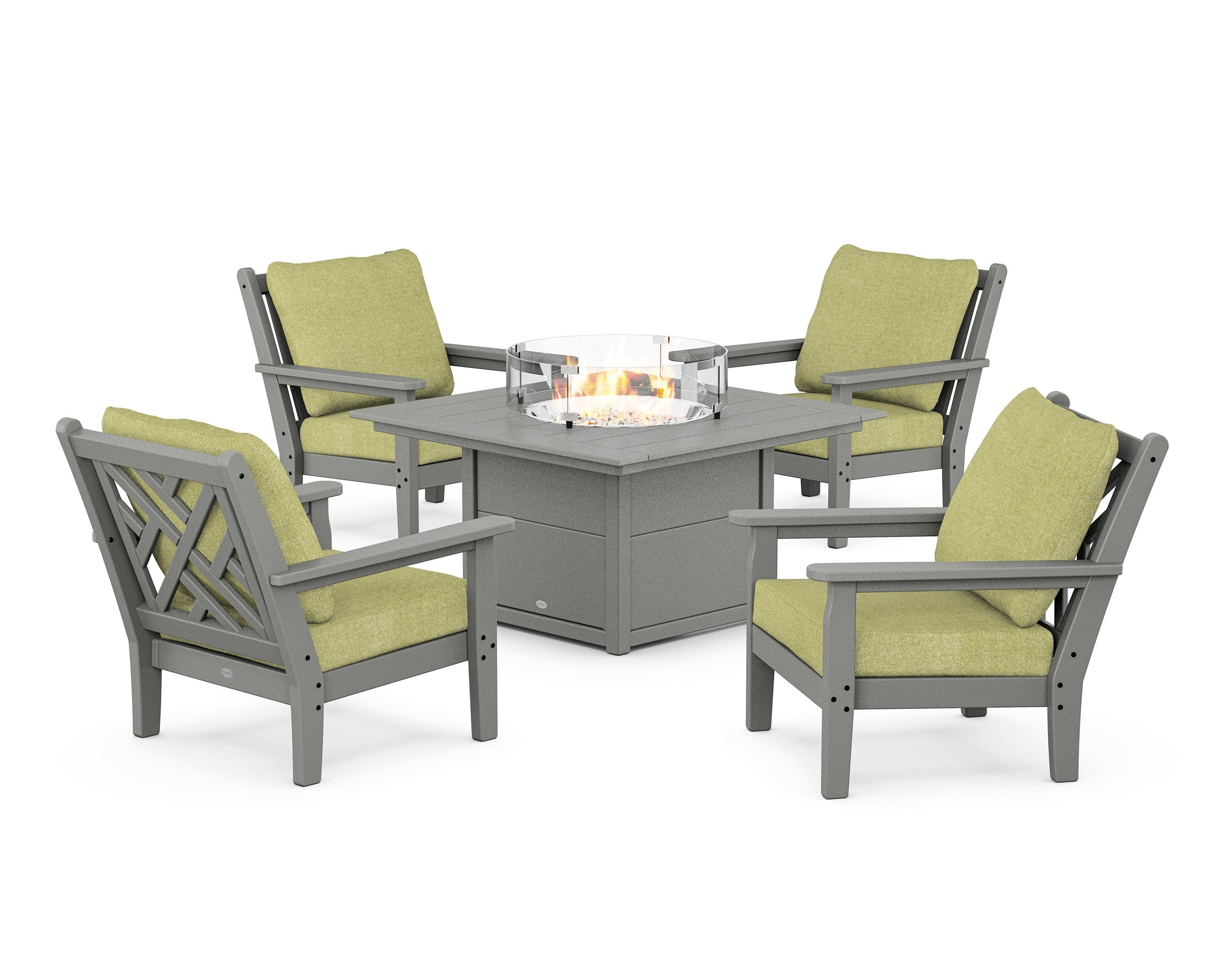 POLYWOOD Chippendale 5-Piece Deep Seating Set with Fire Pit Table in Slate Grey / Chartreuse Boucle