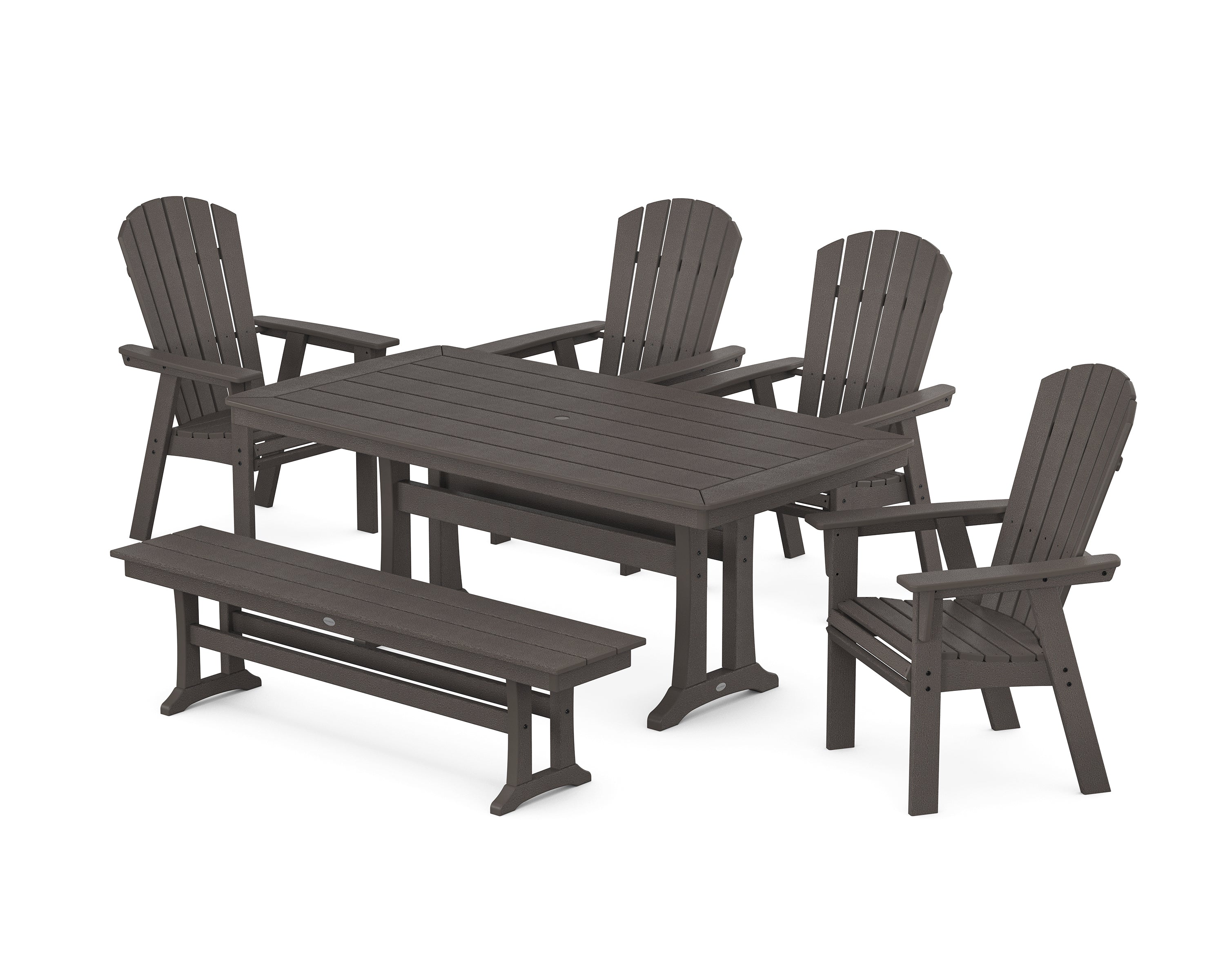 POLYWOOD Nautical Curveback Adirondack 6-Piece Dining Set with Trestle Legs and Bench in Vintage Coffee
