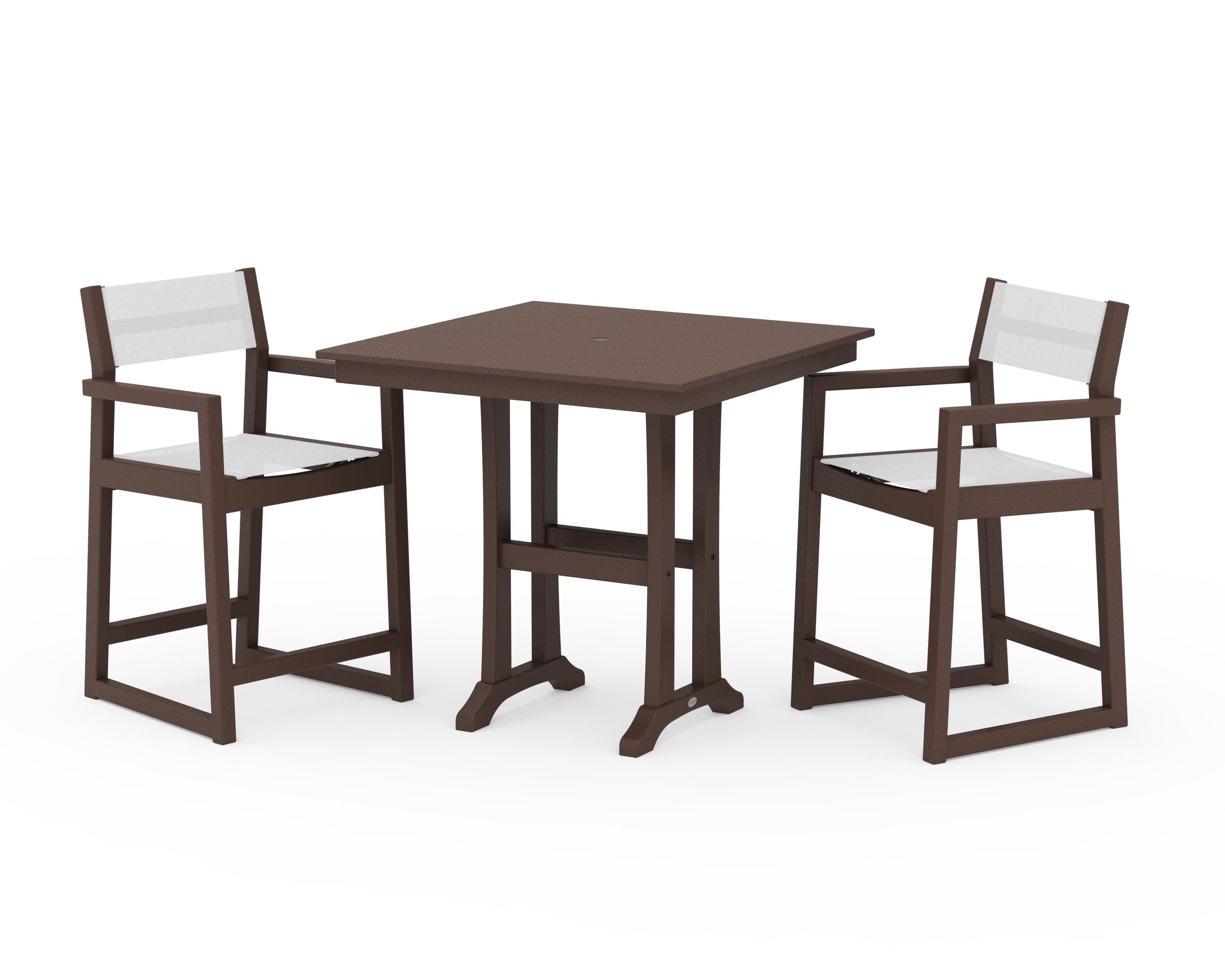 POLYWOOD EDGE Sling Arm Chair 3-Piece Farmhouse Counter Set with Trestle Legs in Mahogany / White Sling