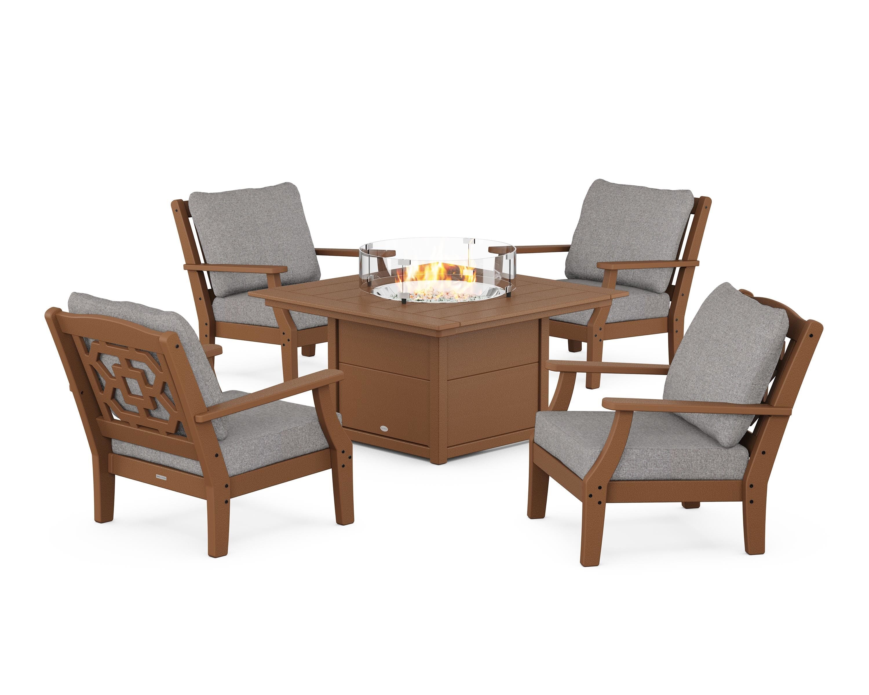 Martha Stewart by POLYWOOD Chinoiserie 5-Piece Deep Seating Set with Fire Pit Table in Teak / Grey Mist