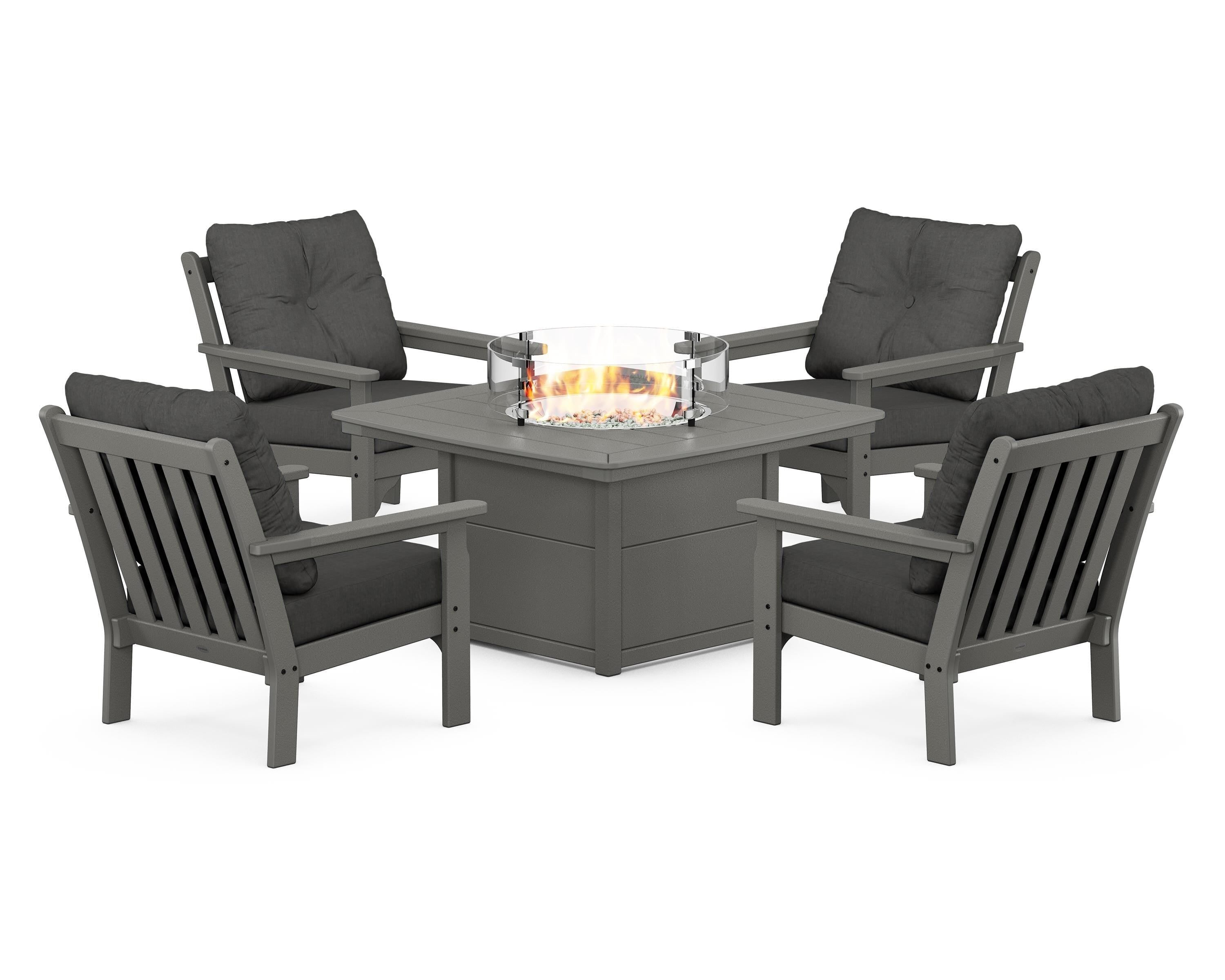 POLYWOOD Vineyard 5-Piece Conversation Set with Fire Pit Table in Slate Grey / Spectrum Carbon