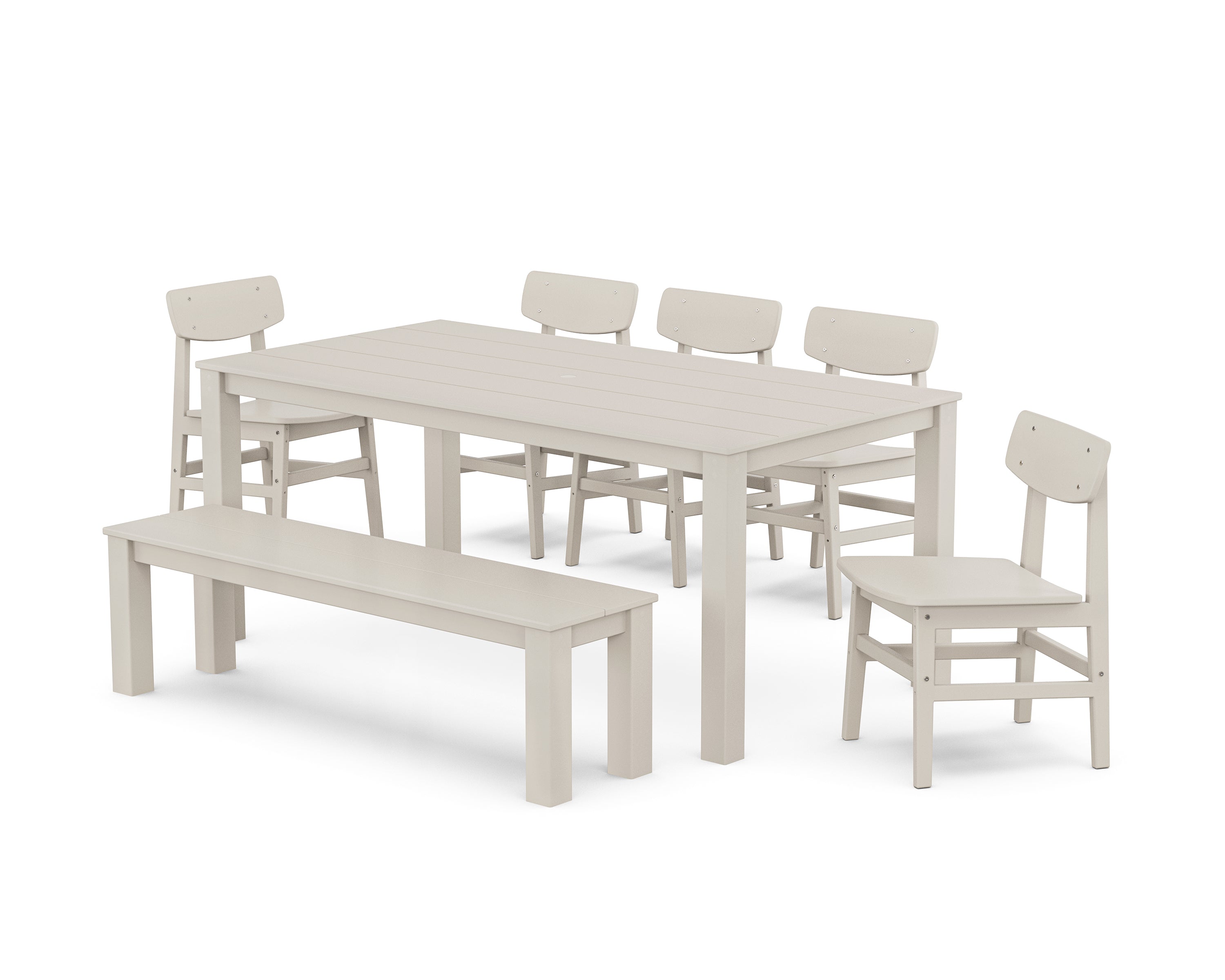 POLYWOOD® Modern Studio Urban Chair 7-Piece Parsons Dining Set with Bench in Sand