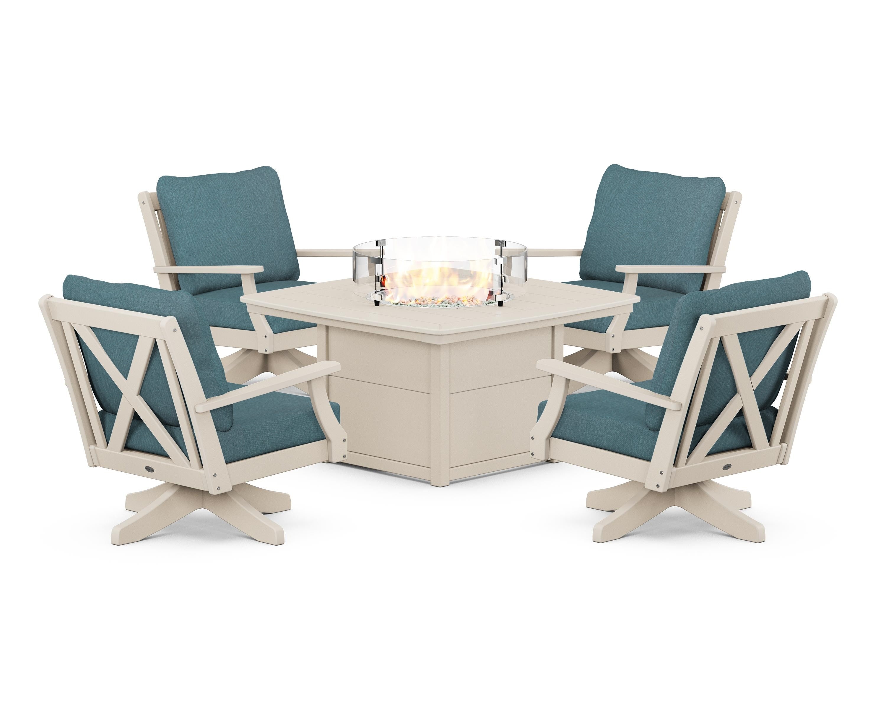 POLYWOOD Braxton 5-Piece Deep Seating Swivel Conversation Set with Fire Pit Table in Sand / Ocean Teal
