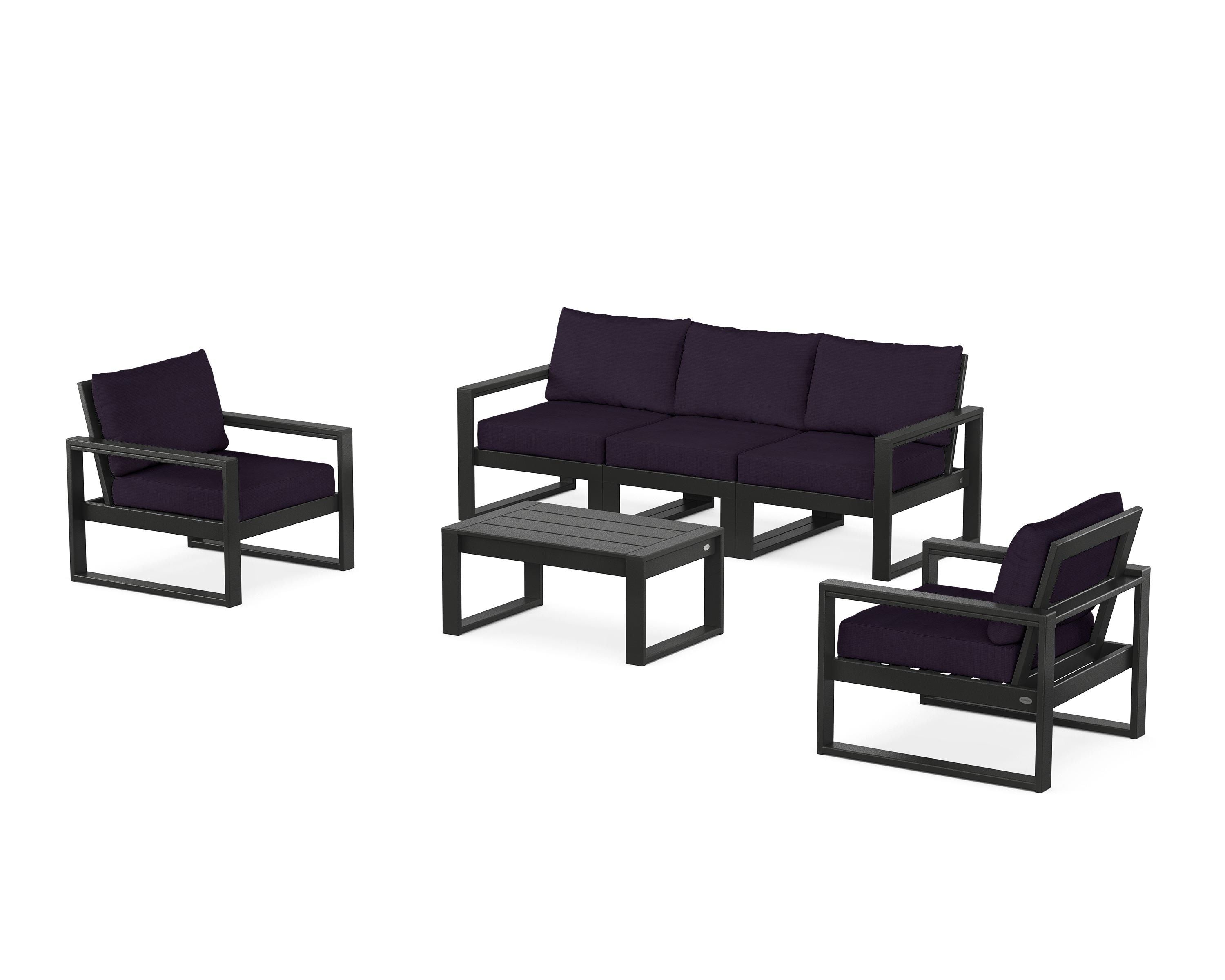 POLYWOOD EDGE Sectional 4-Piece Deep Seating Set with Sofa in Black / Navy Linen