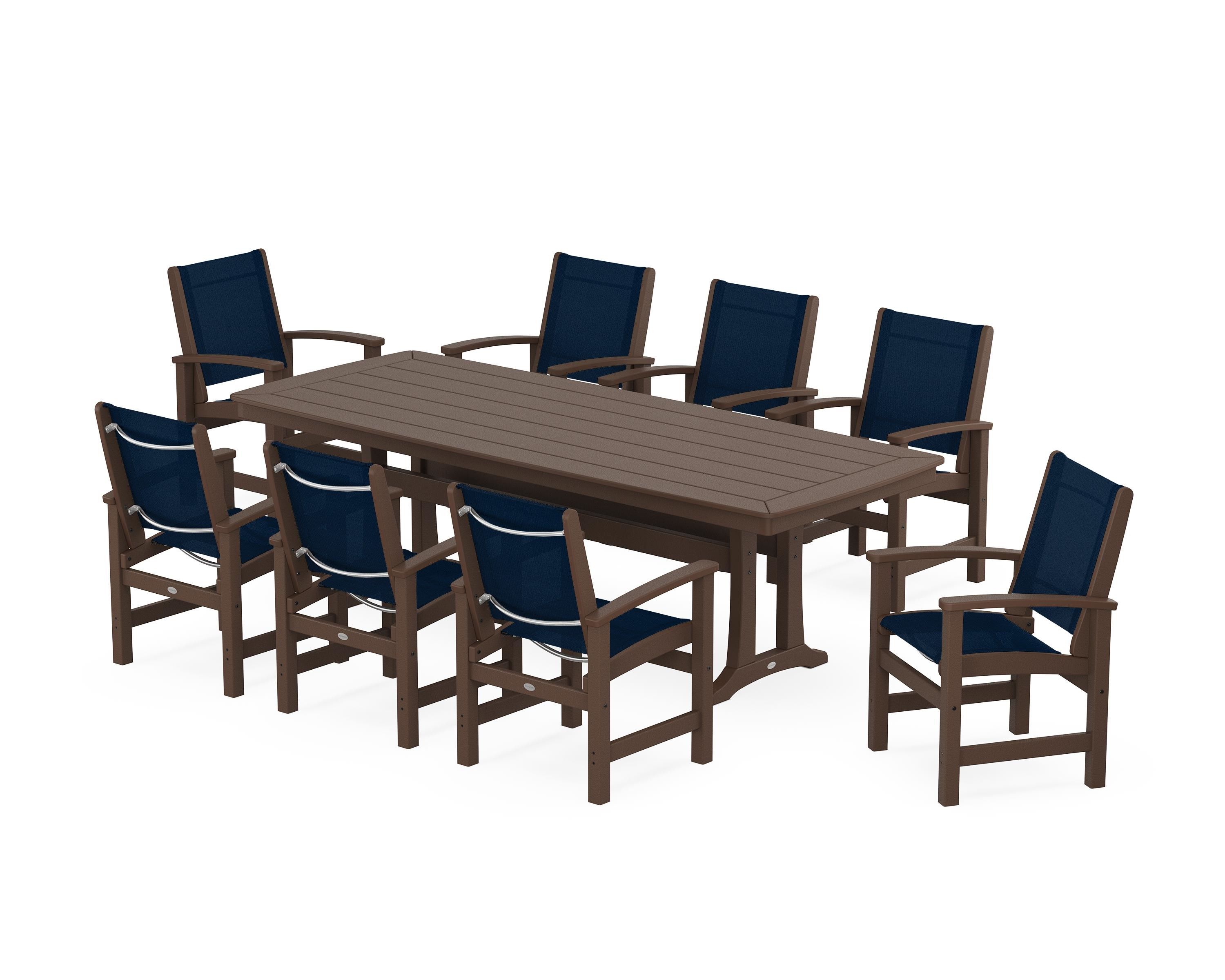 POLYWOOD Coastal 9-Piece Dining Set with Trestle Legs in Mahogany / Navy Blue Sling