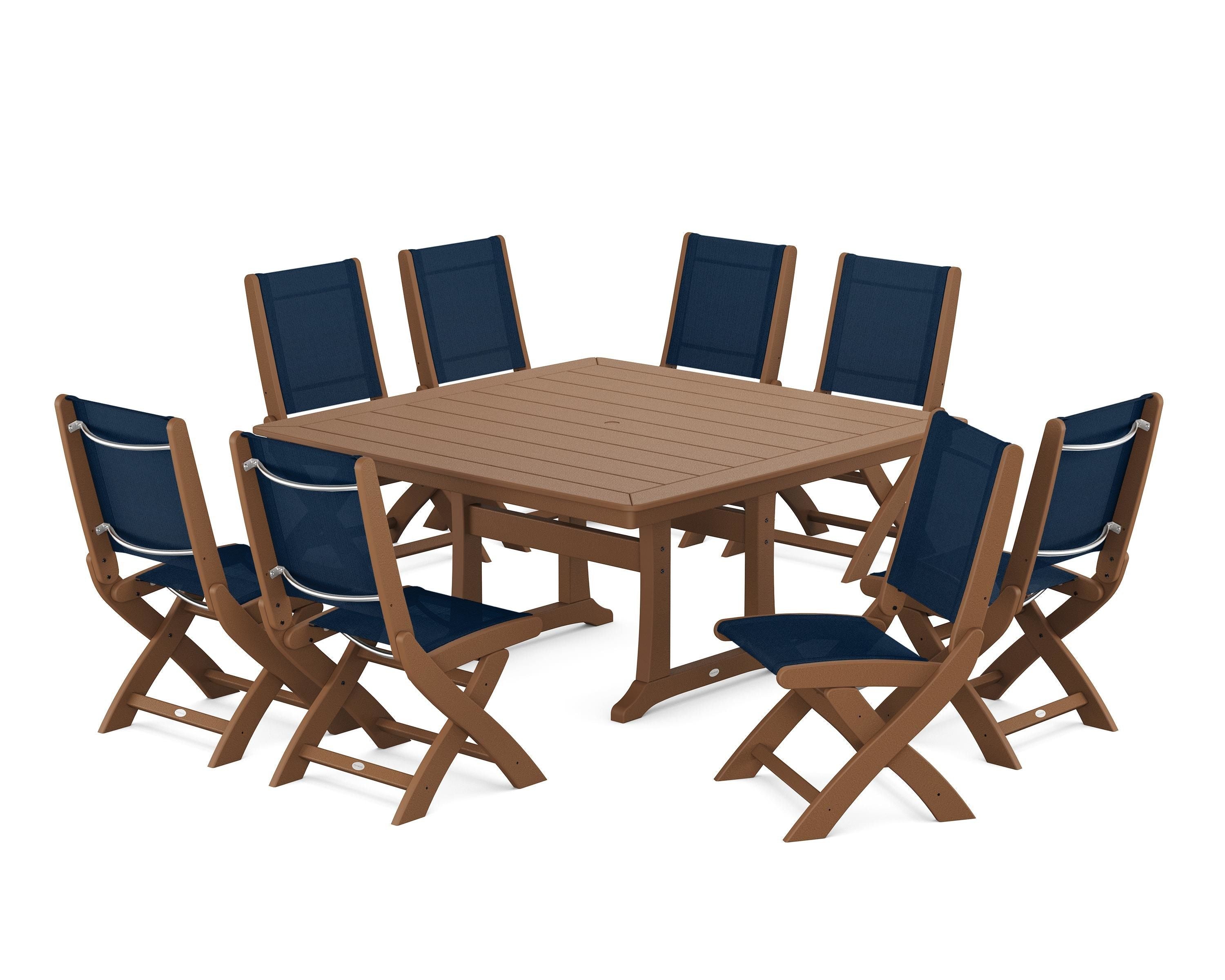 POLYWOOD Coastal Folding Side Chair 9-Piece Dining Set with Trestle Legs in Teak / Navy Blue Sling