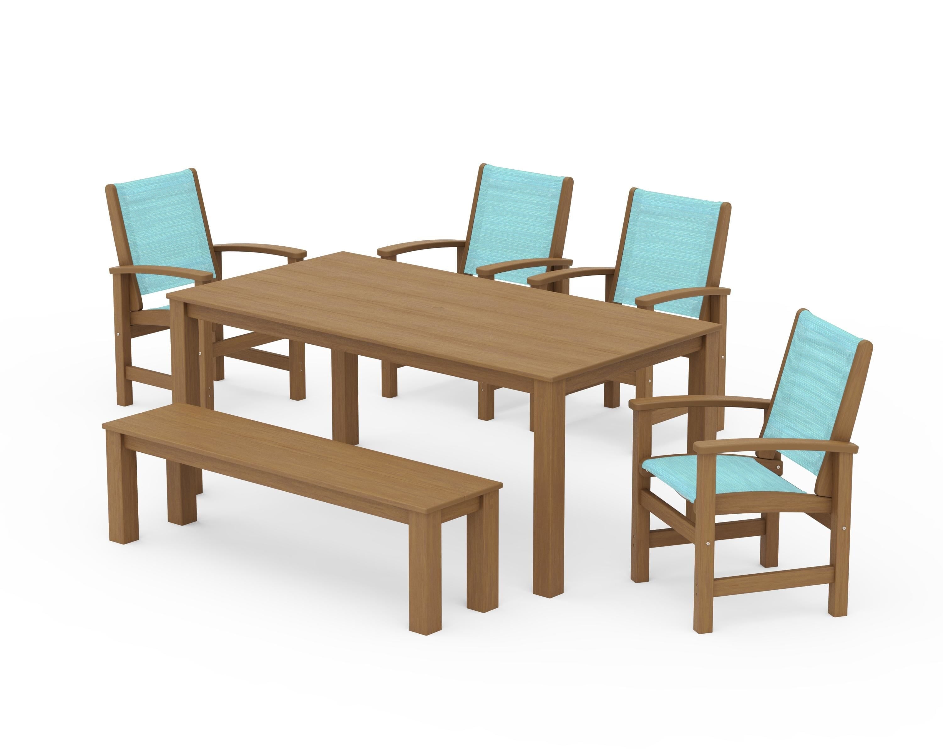 POLYWOOD Coastal 6-Piece Parsons Dining Set with Bench in Natural / Dupioni Aquamarine Sling