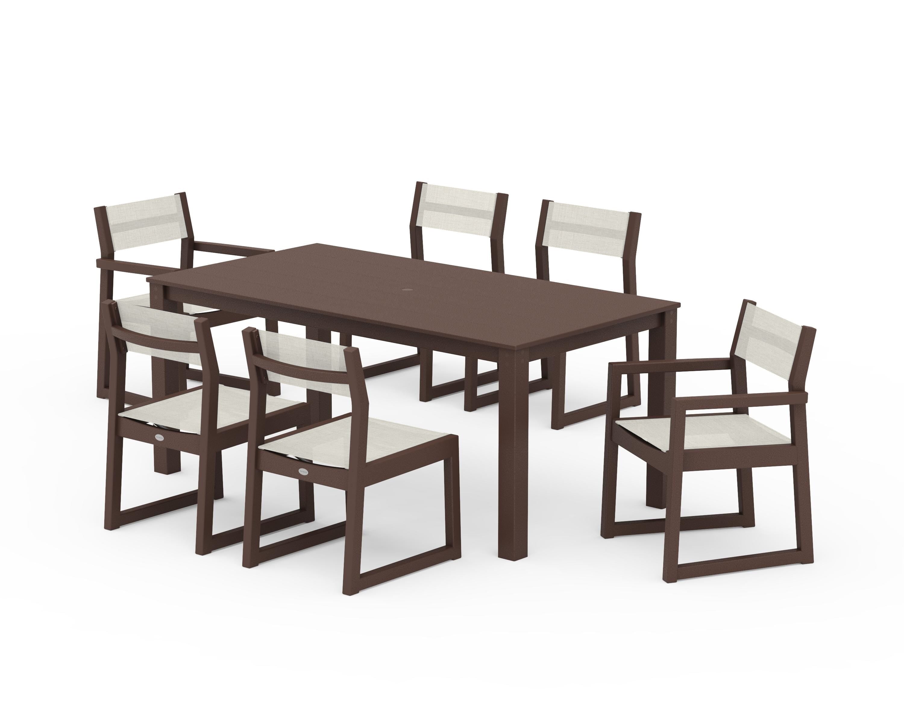 POLYWOOD EDGE Sling 7-Piece Parsons Dining Set in Mahogany / Parchment Sling