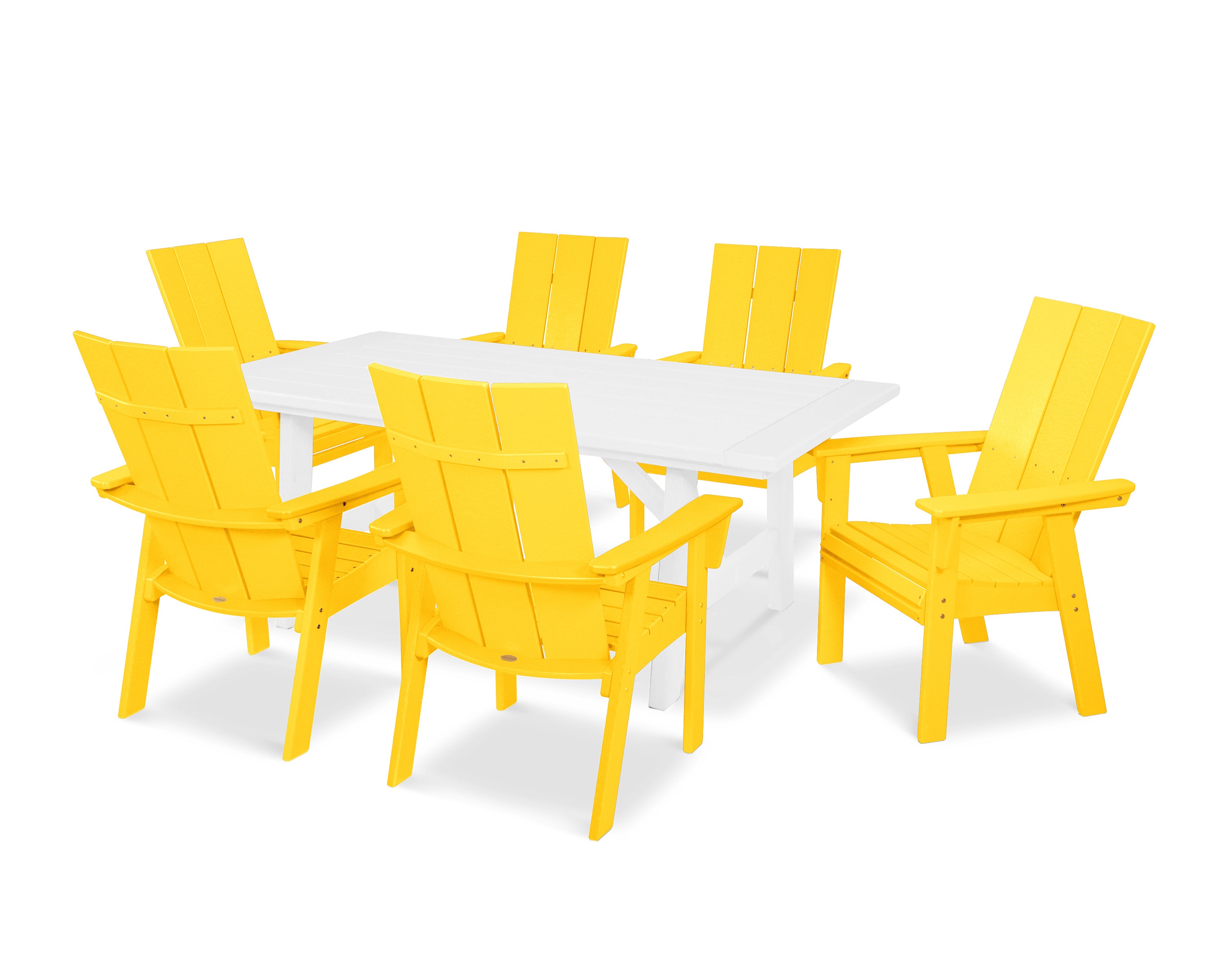 POLYWOOD® Modern Curveback Adirondack 7-Piece Rustic Farmhouse Dining Set in Lemon / White