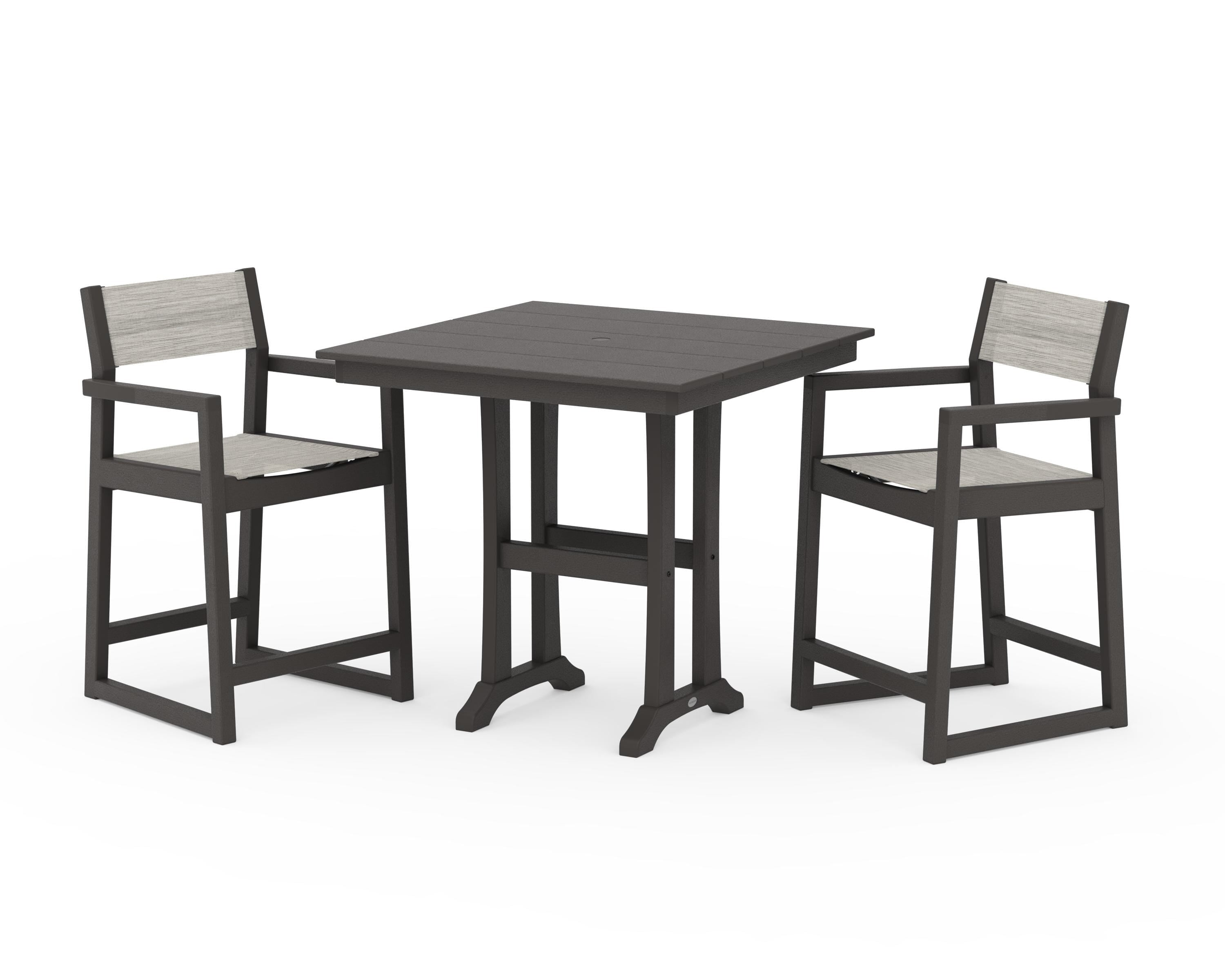 POLYWOOD EDGE Sling Arm Chair 3-Piece Farmhouse Counter Set with Trestle Legs in Vintage Coffee / Birch Sling