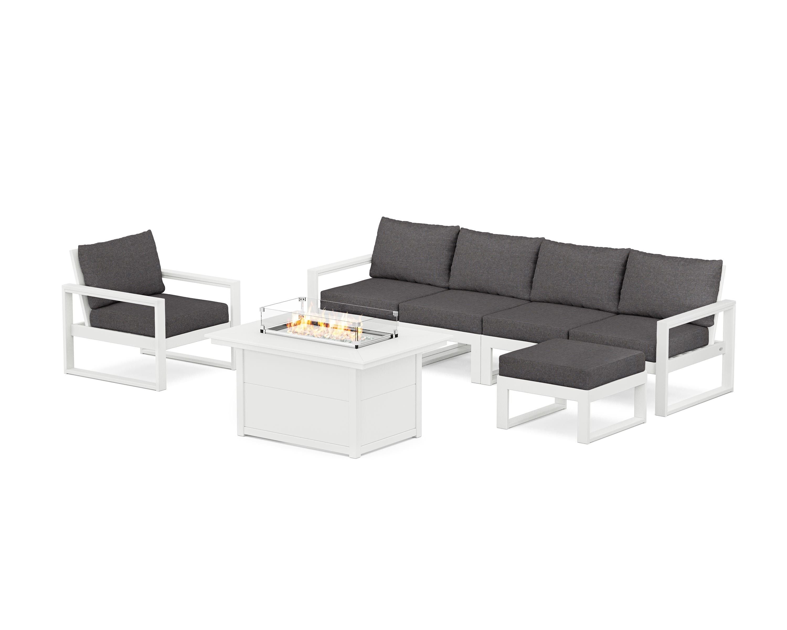 POLYWOOD EDGE Sectional Lounge and Fire Pit Set in White / Ash Charcoal