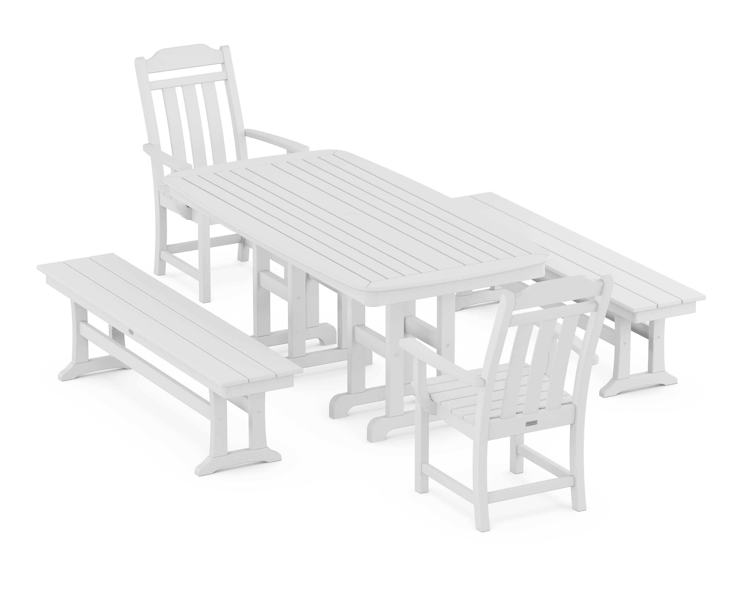 Polywood Country Living 5-Piece Dining Set with Benches in White