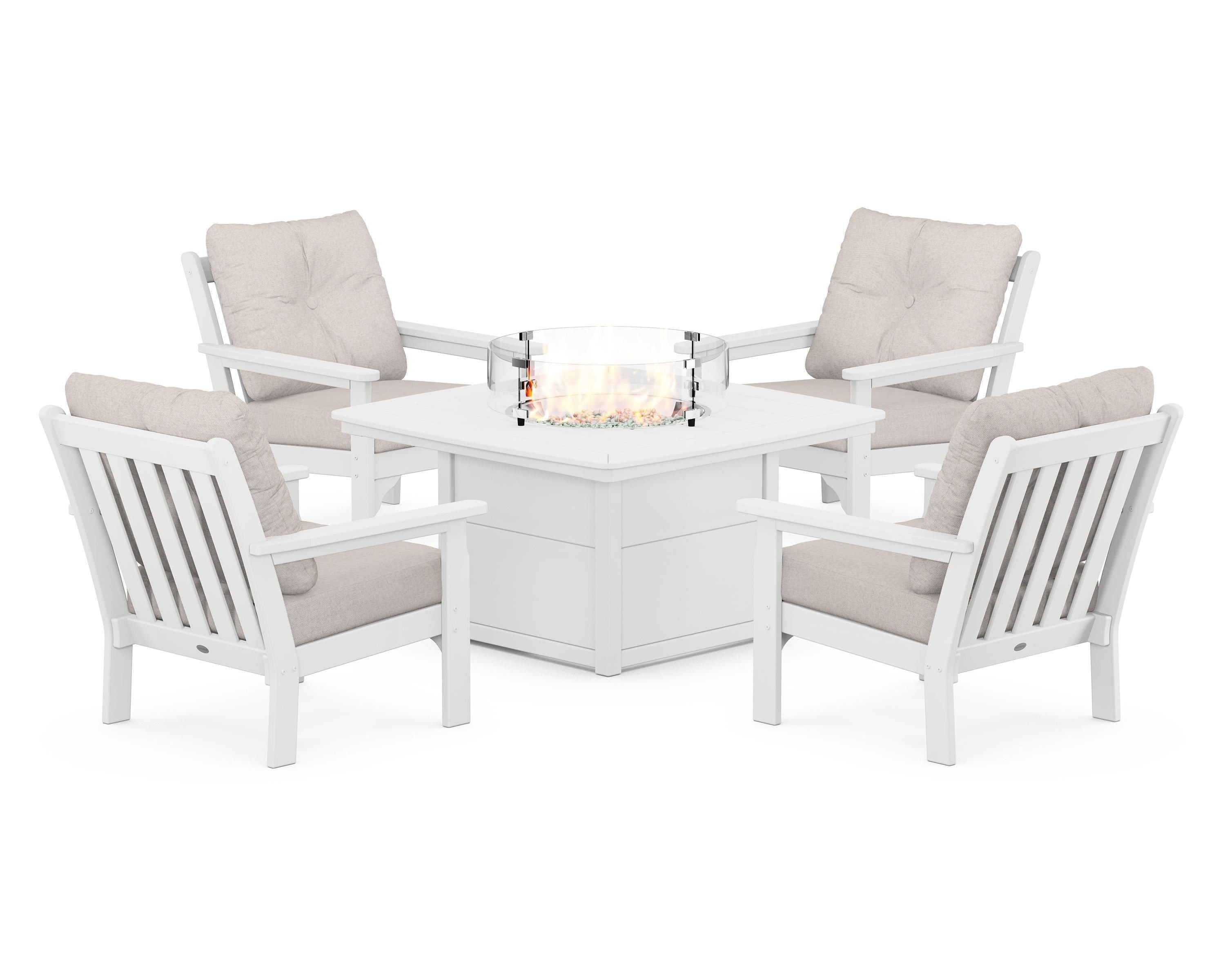 POLYWOOD Vineyard 5-Piece Conversation Set with Fire Pit Table in White / Dune Burlap