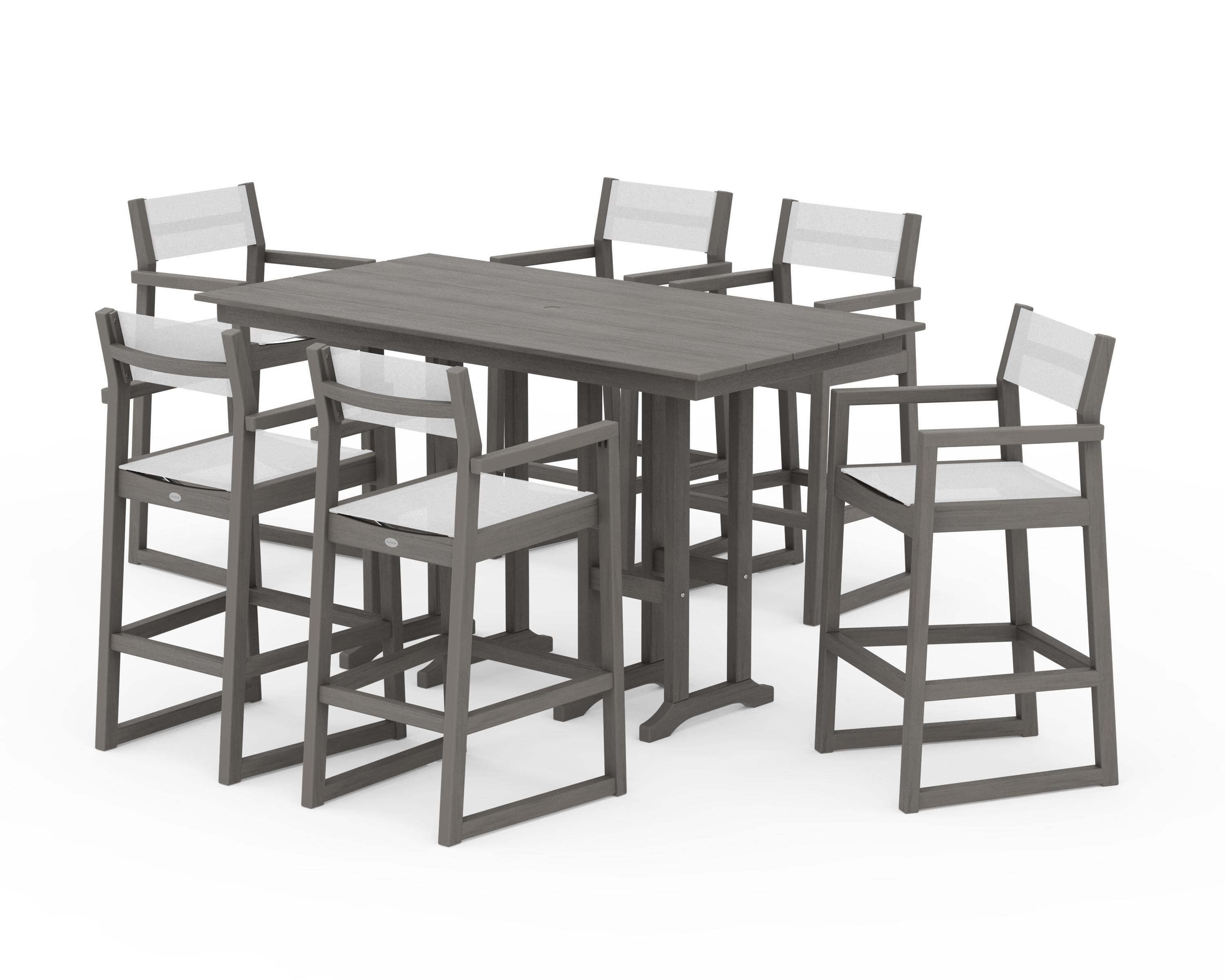 POLYWOOD EDGE Sling Arm Chair 7-Piece Farmhouse Bar Set in Driftwood / White Sling