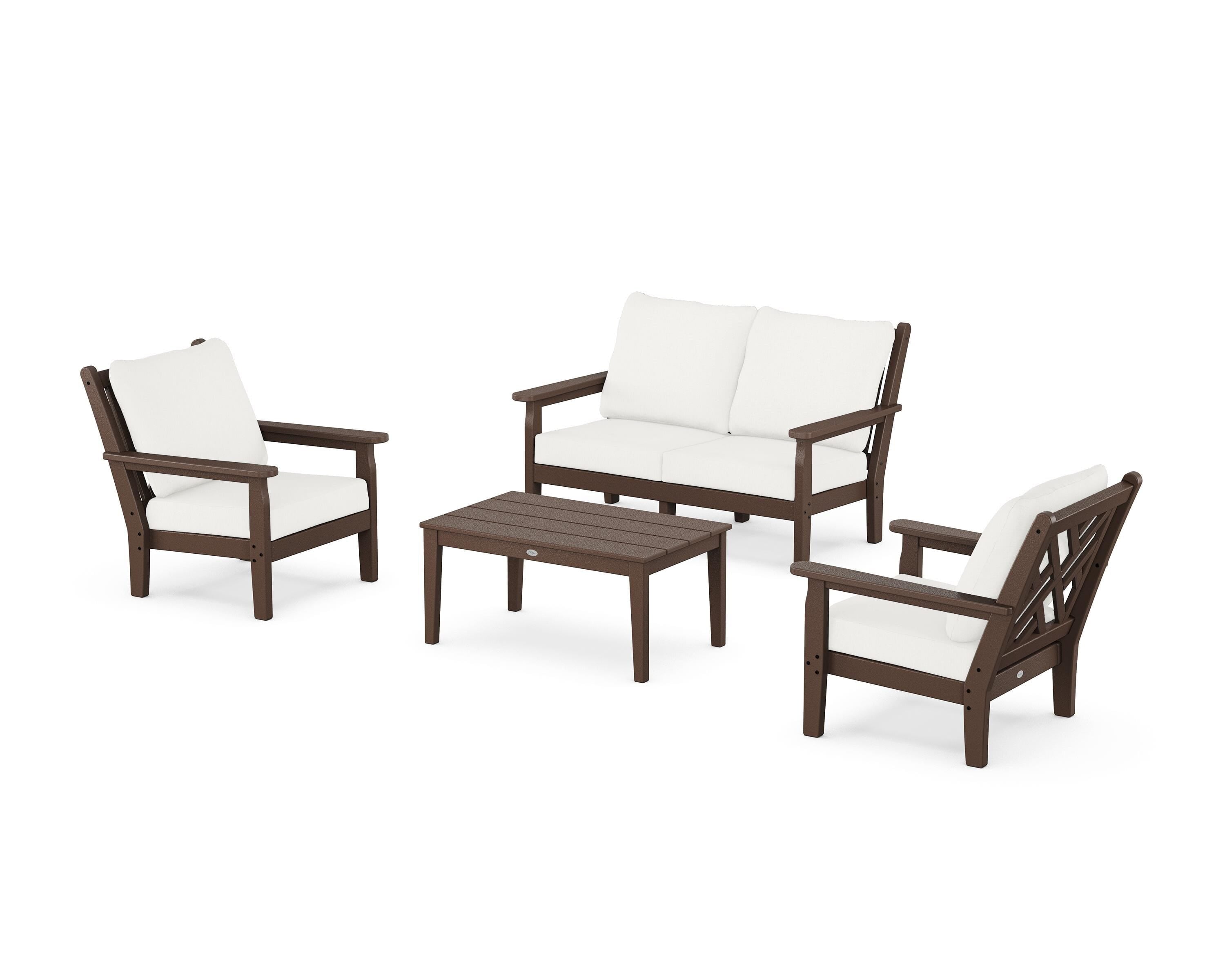 POLYWOOD Chippendale 4-Piece Deep Seating Set with Loveseat in Mahogany / Natural Linen