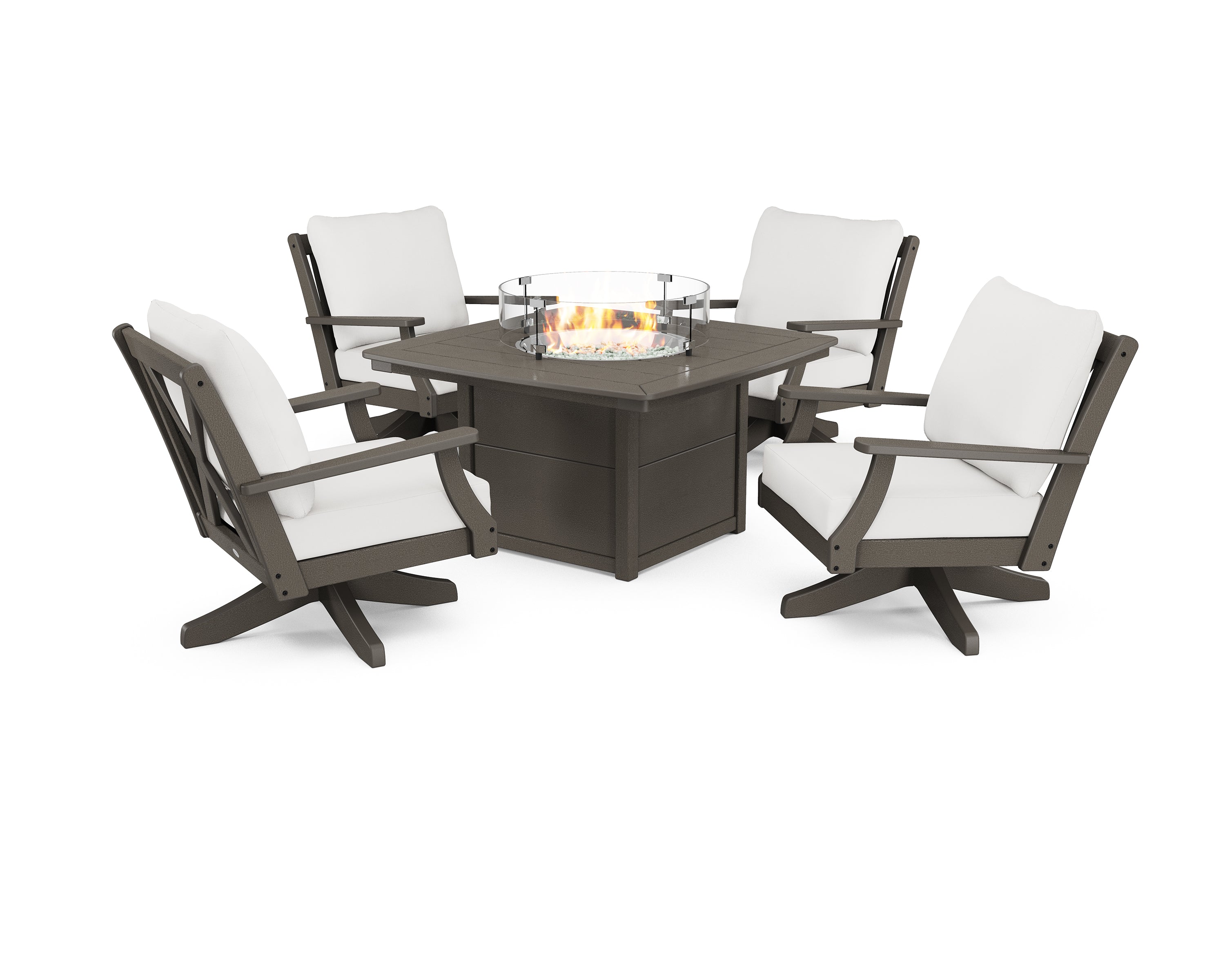 POLYWOOD Braxton 5-Piece Deep Seating Swivel Conversation Set with Fire Pit Table in Vintage Coffee / Natural Linen