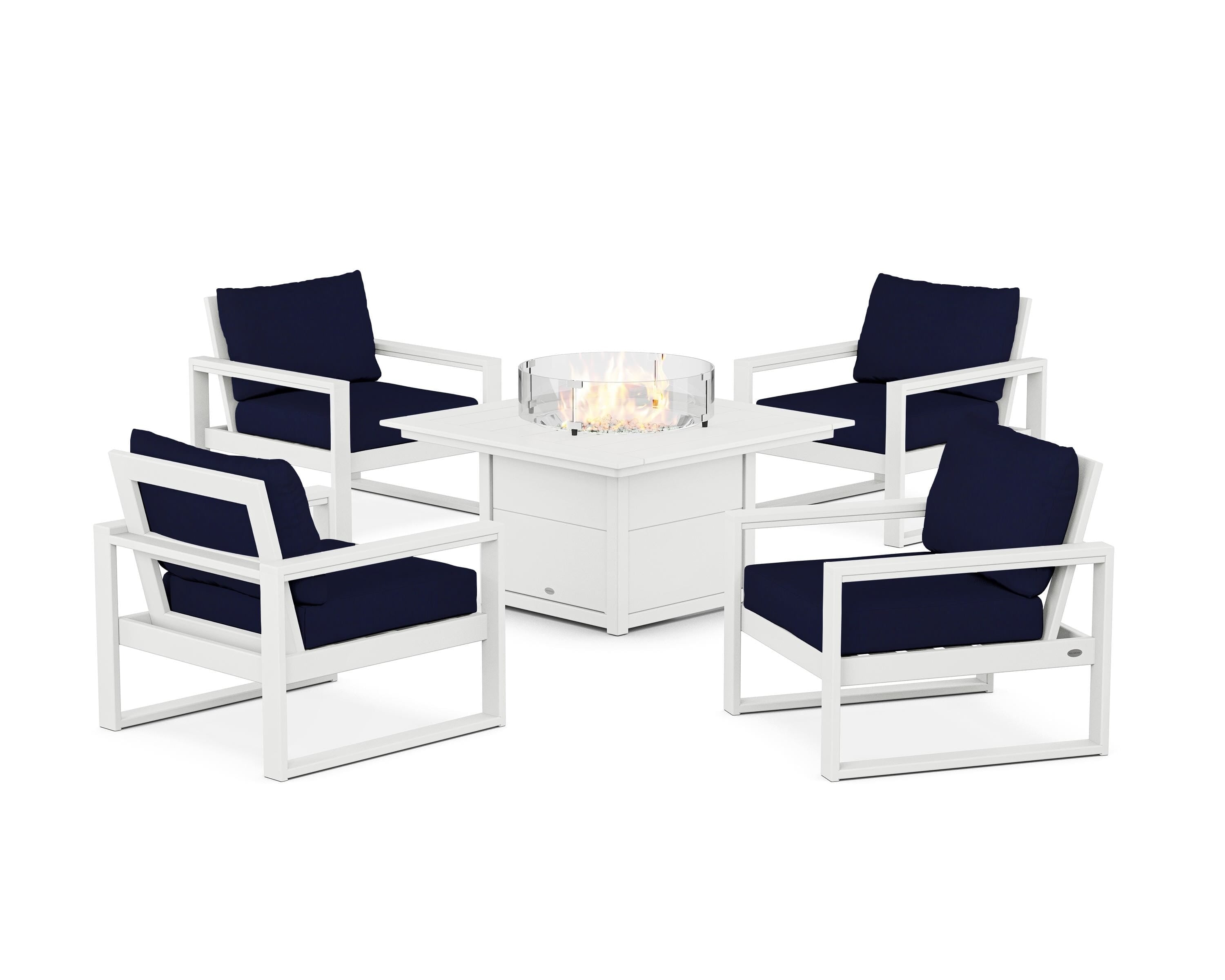 POLYWOOD EDGE Sectional 5-Piece Deep Seating Set with Fire Pit Table in White / Navy