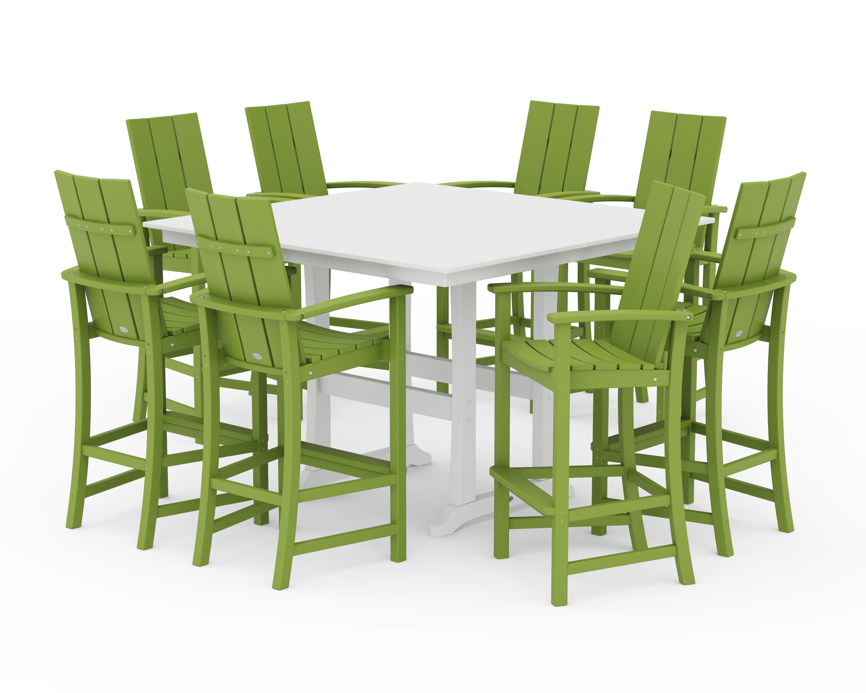 POLYWOOD Modern Adirondack 9-Piece Farmhouse Trestle Bar Set in Lime / White