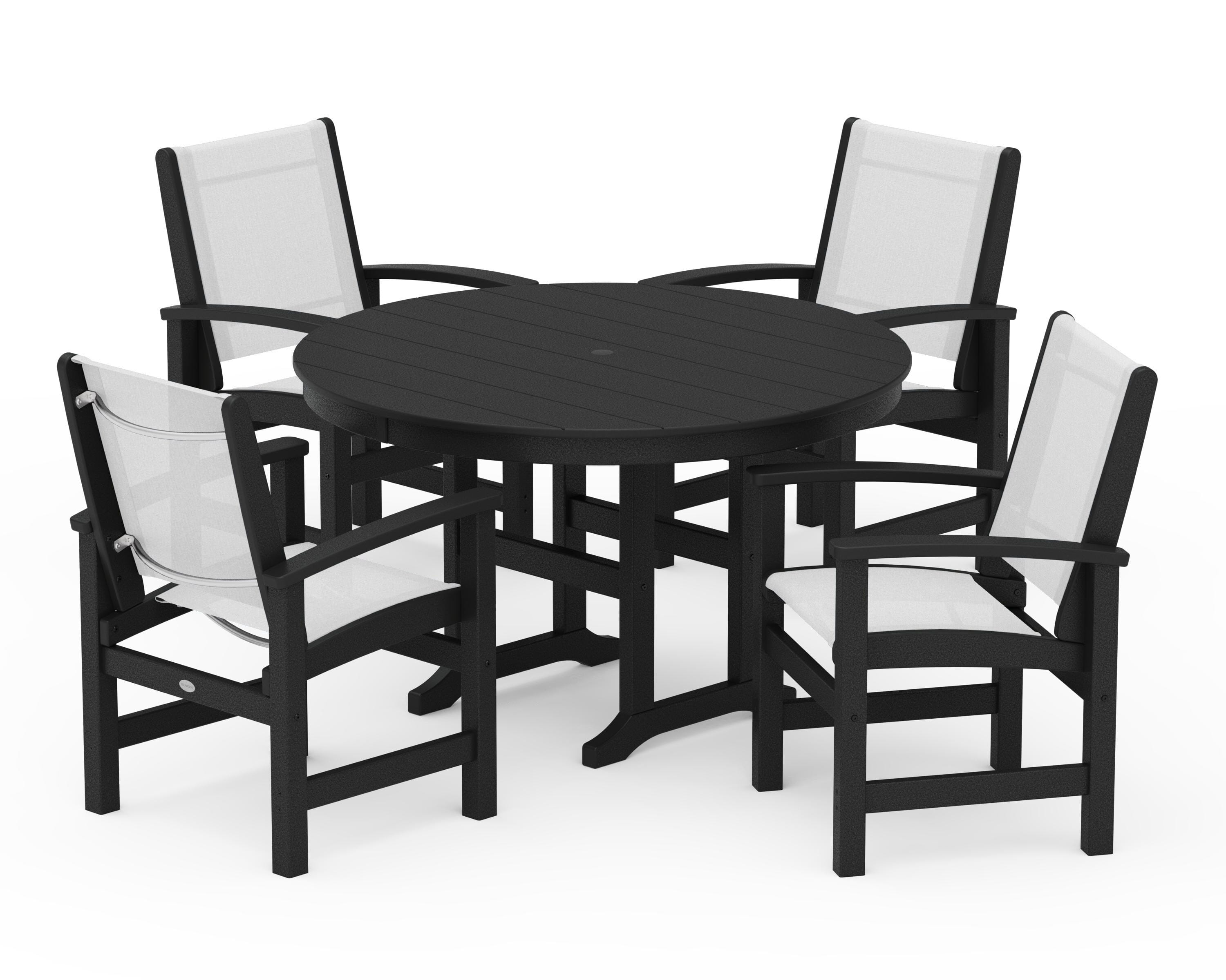 POLYWOOD Coastal 5-Piece Round Farmhouse Dining Set in Black / White Sling
