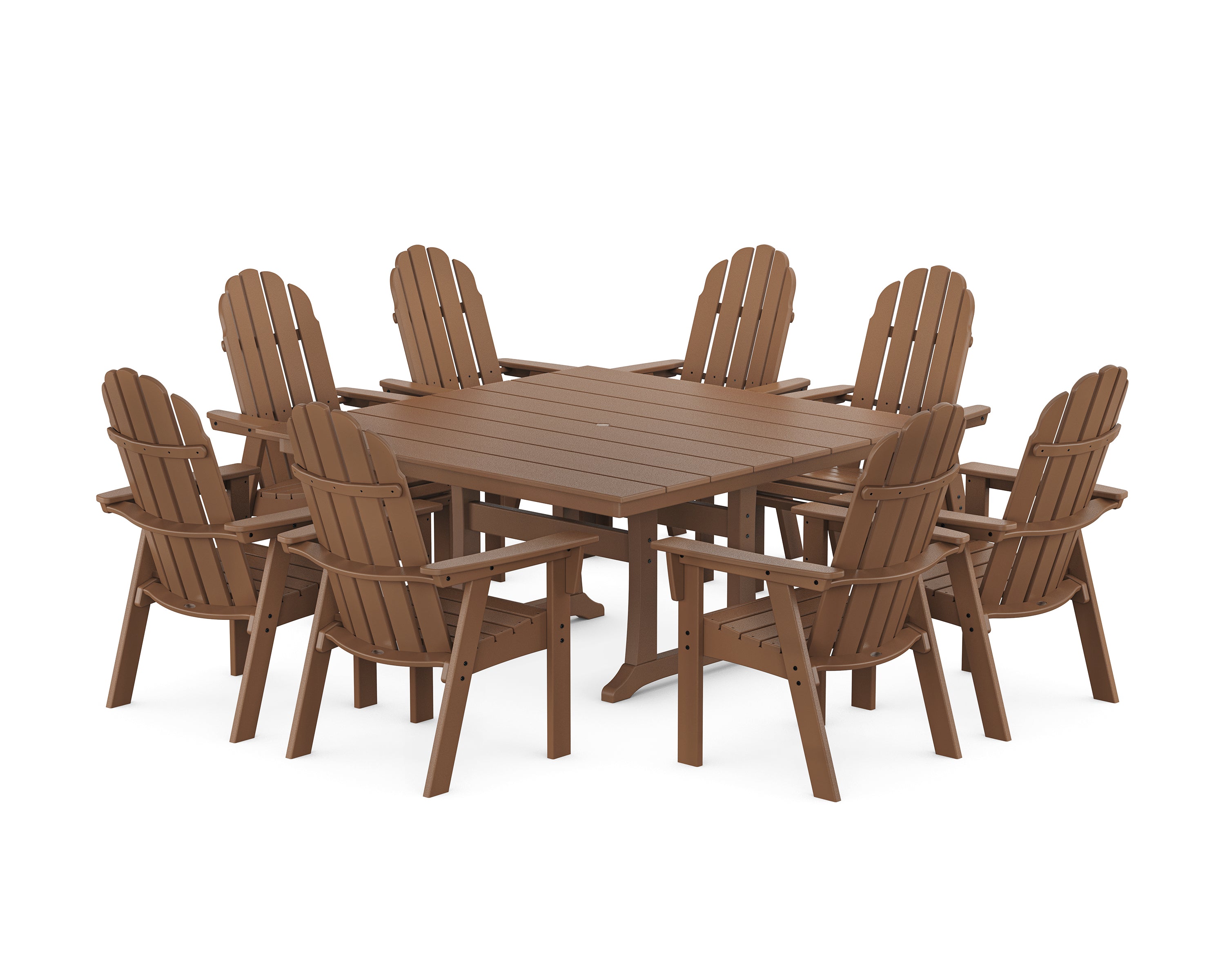 POLYWOOD Vineyard Curveback Adirondack 9-Piece Square Farmhouse Dining Set with Trestle Legs in Teak